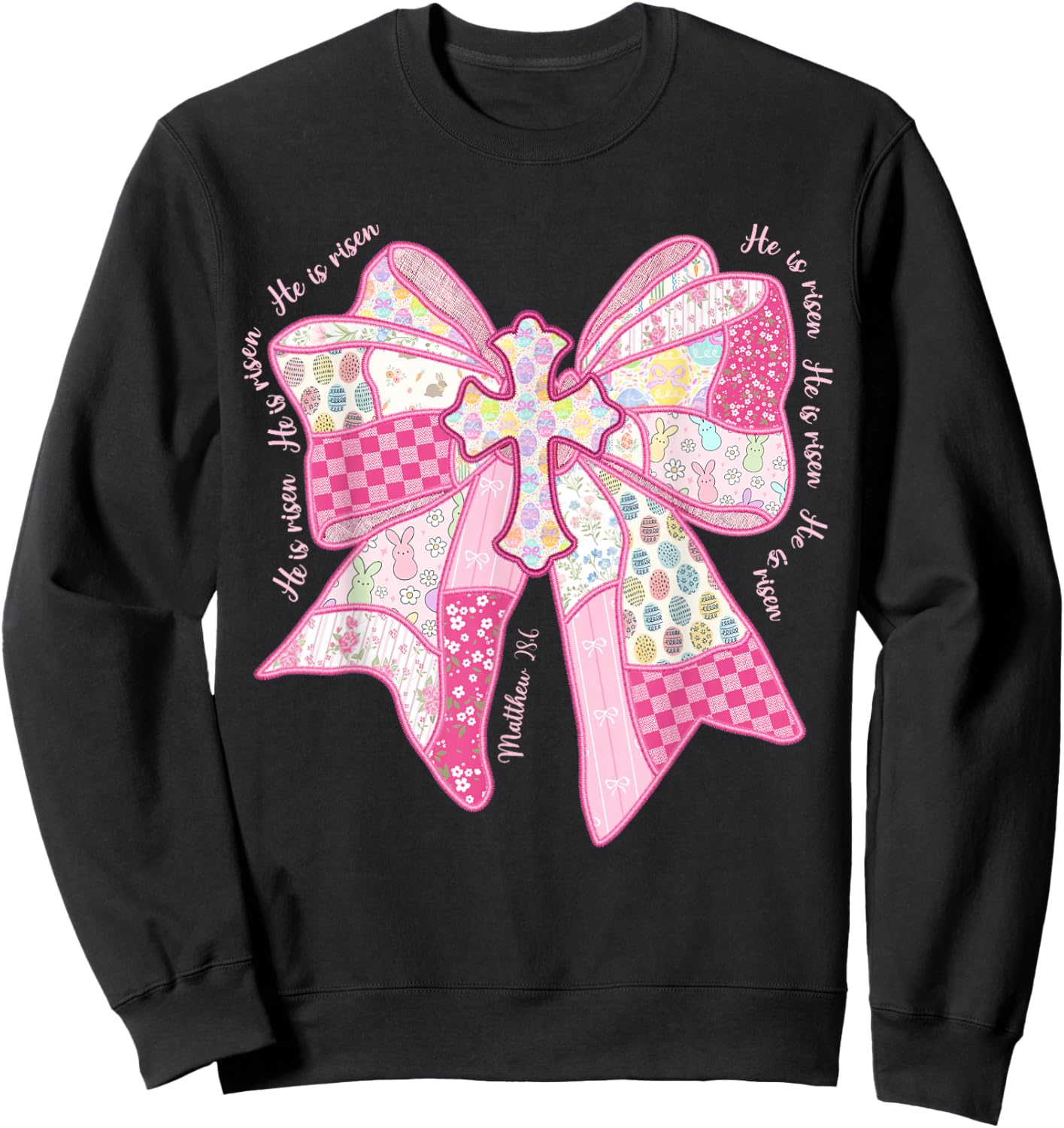 He is Risen Christian Cross Jesus Coquette Bow Bunny Easter Sweatshirt - Sweatshirt | Black