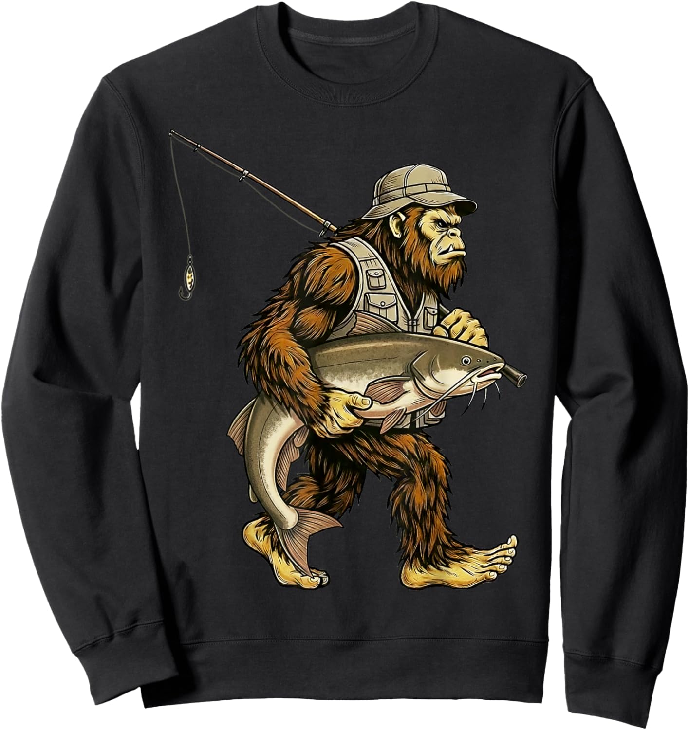 Catfish Bigfoot Fisherman River Fishing Sasquatch Sweatshirt - Sweatshirt | Black