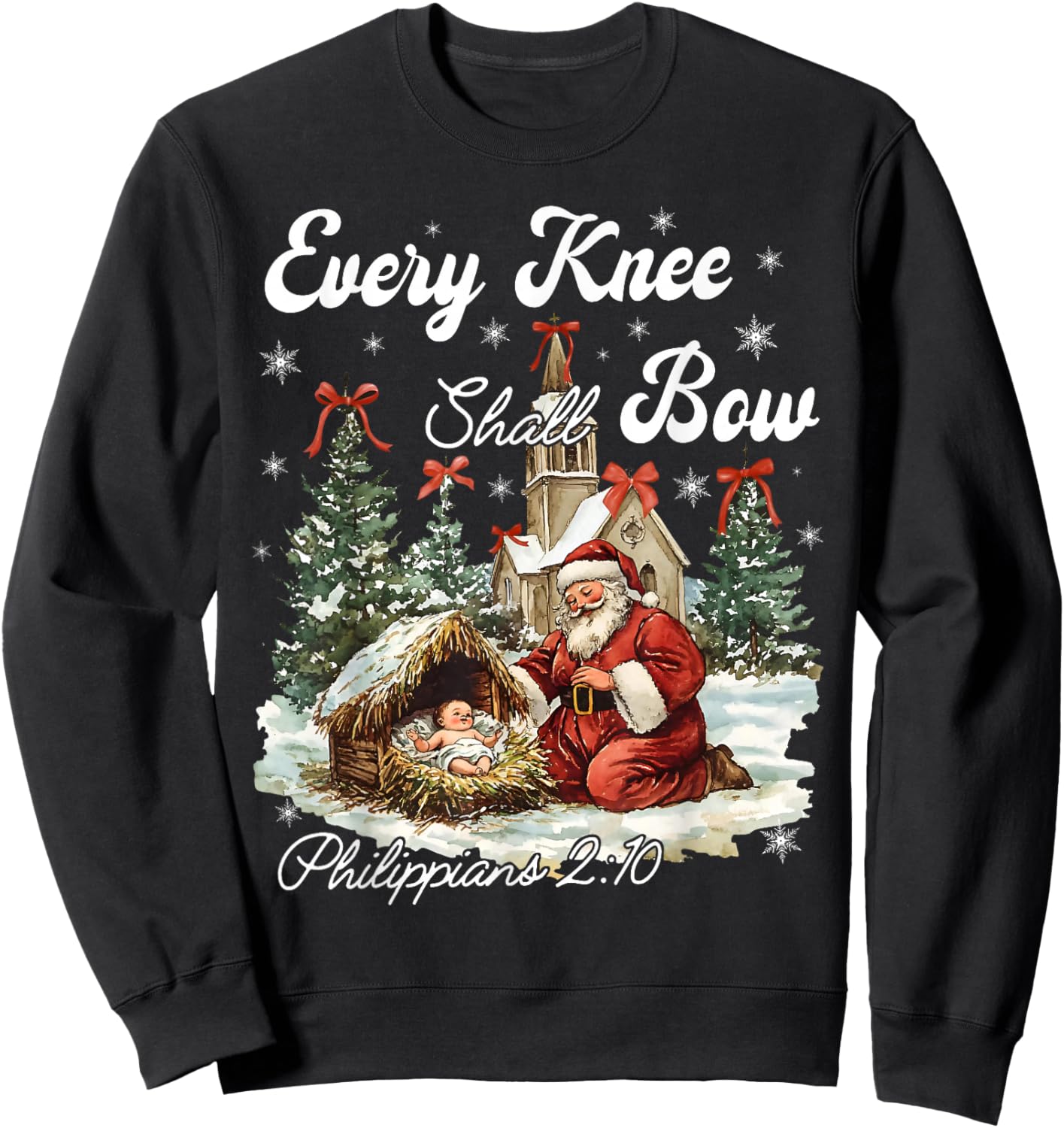Every Knee Shall Bow Jesus Christian Christmas Santa Pajamas Sweatshirt - Sweatshirt | Black