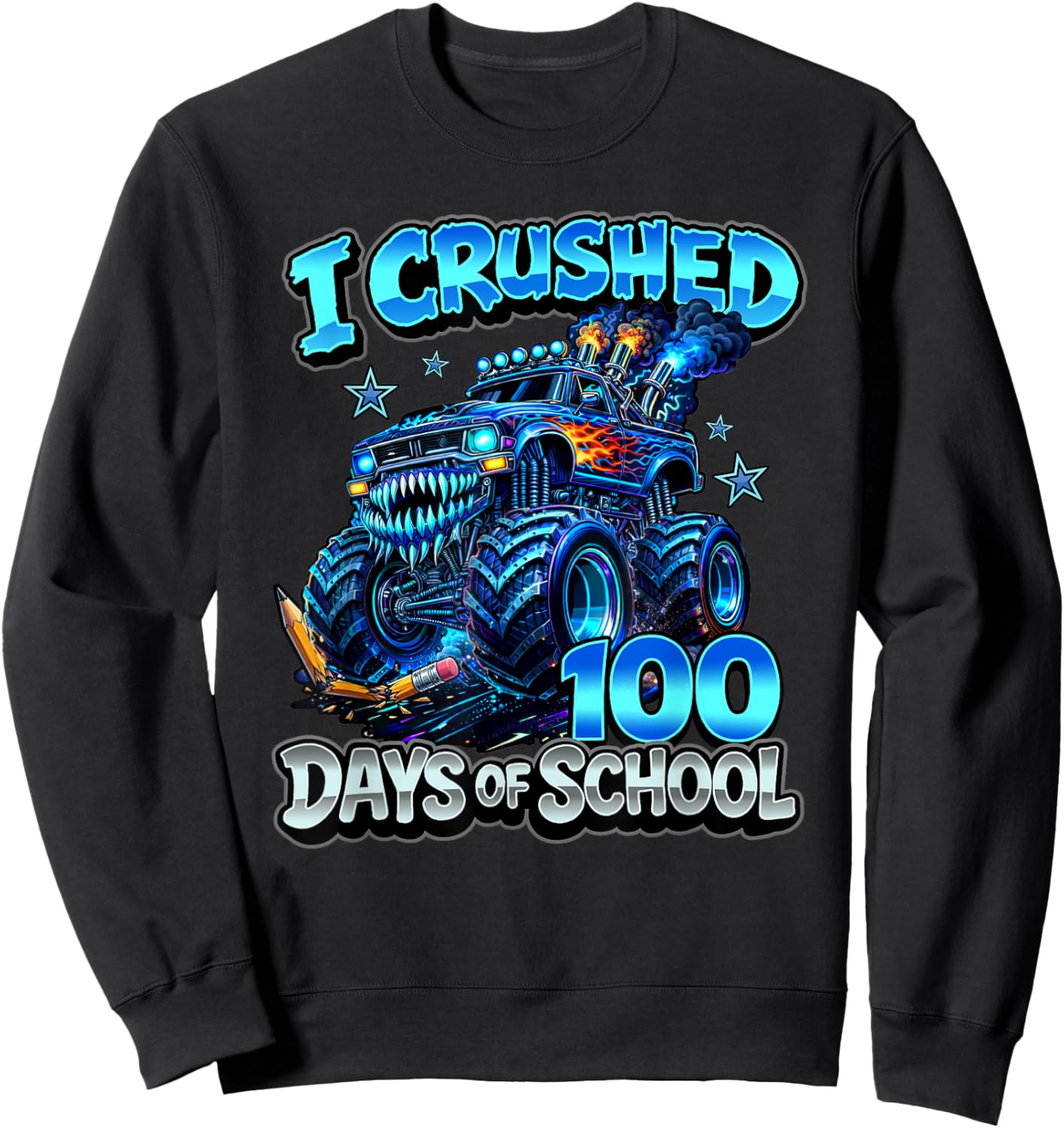 I Crushed 100 Days of School Blue Monster Truck Boys Sweatshirt - Sweatshirt | Black