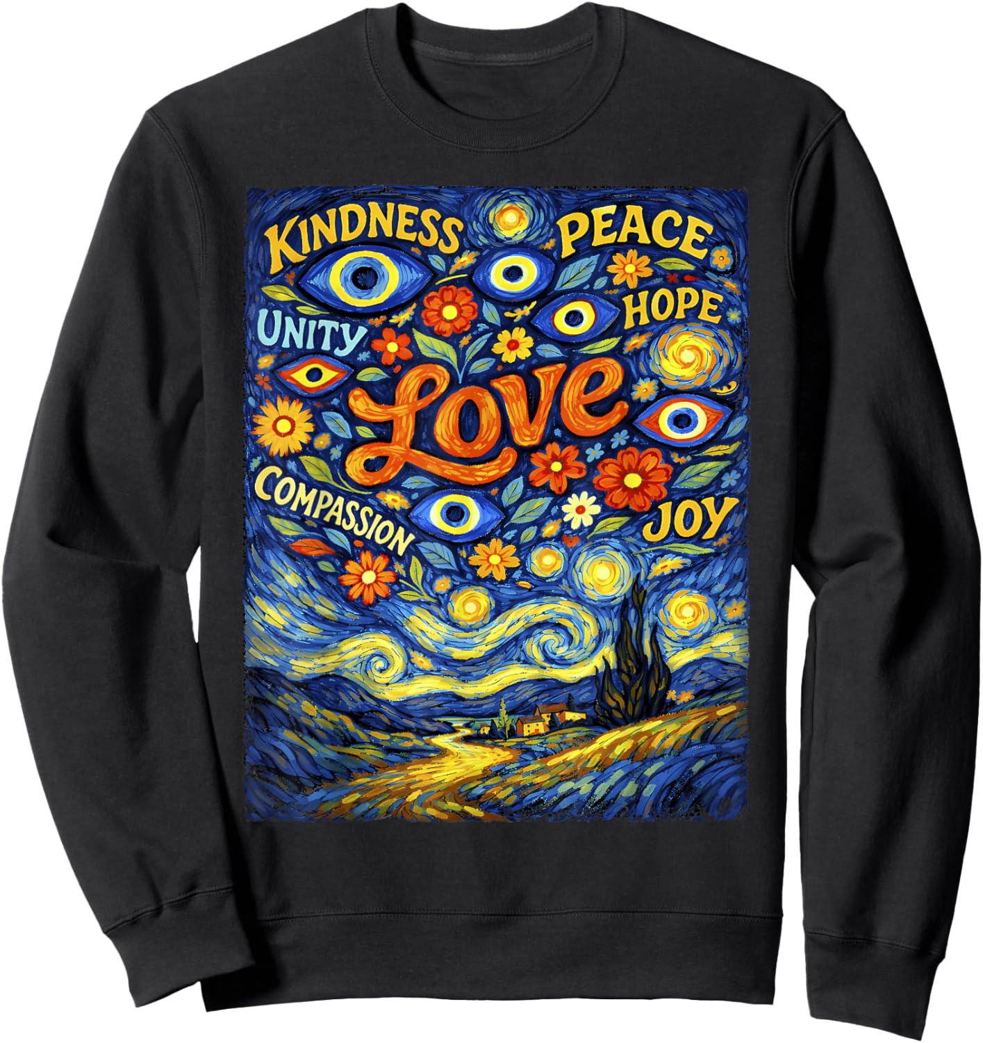 Peace Kindness Love Shirt Hope Evil Eye Van Gogh Graphic Sweatshirt - Sweatshirt | Black