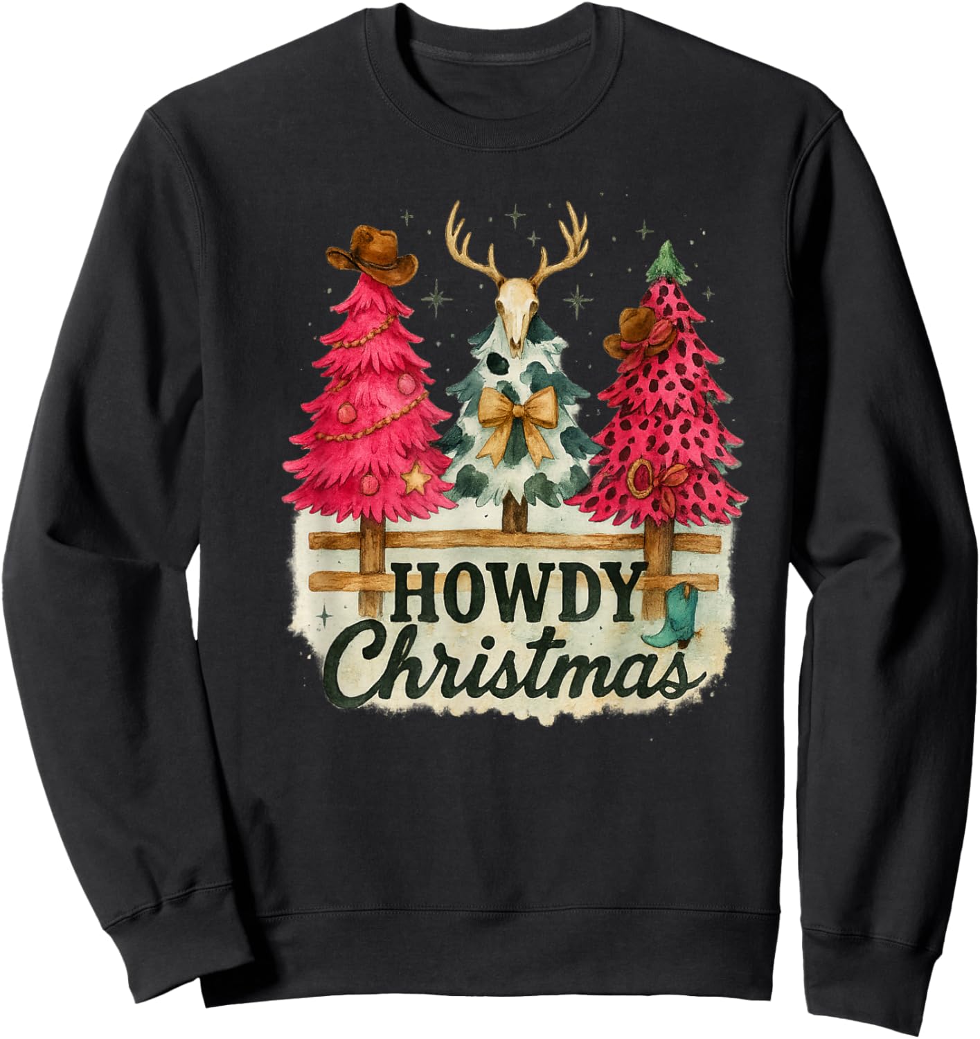 Howdy Christmas Western Trees Cowprint Leopard Cowboy Sweatshirt - Sweatshirt | Black
