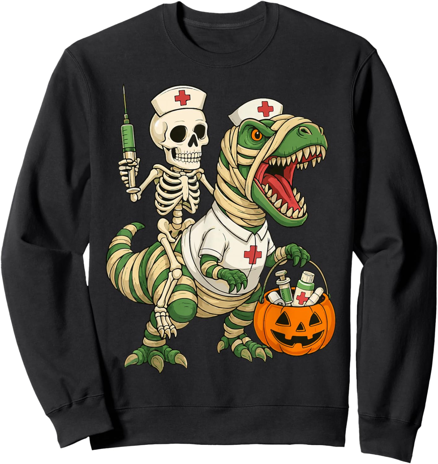 Nurse Skeleton Riding Mummy Dinosaur T rex Halloween Nurse Sweatshirt - Sweatshirt | Black