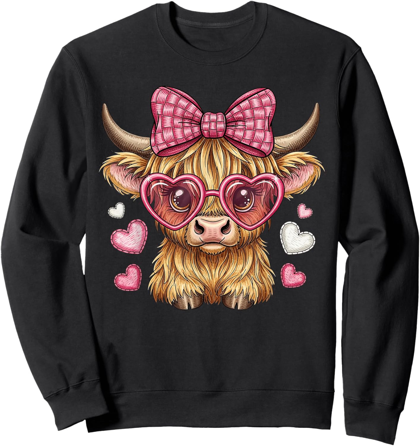 Cute Highland Cow Valentine with Heart Glasses Sweatshirt - Sweatshirt | Black