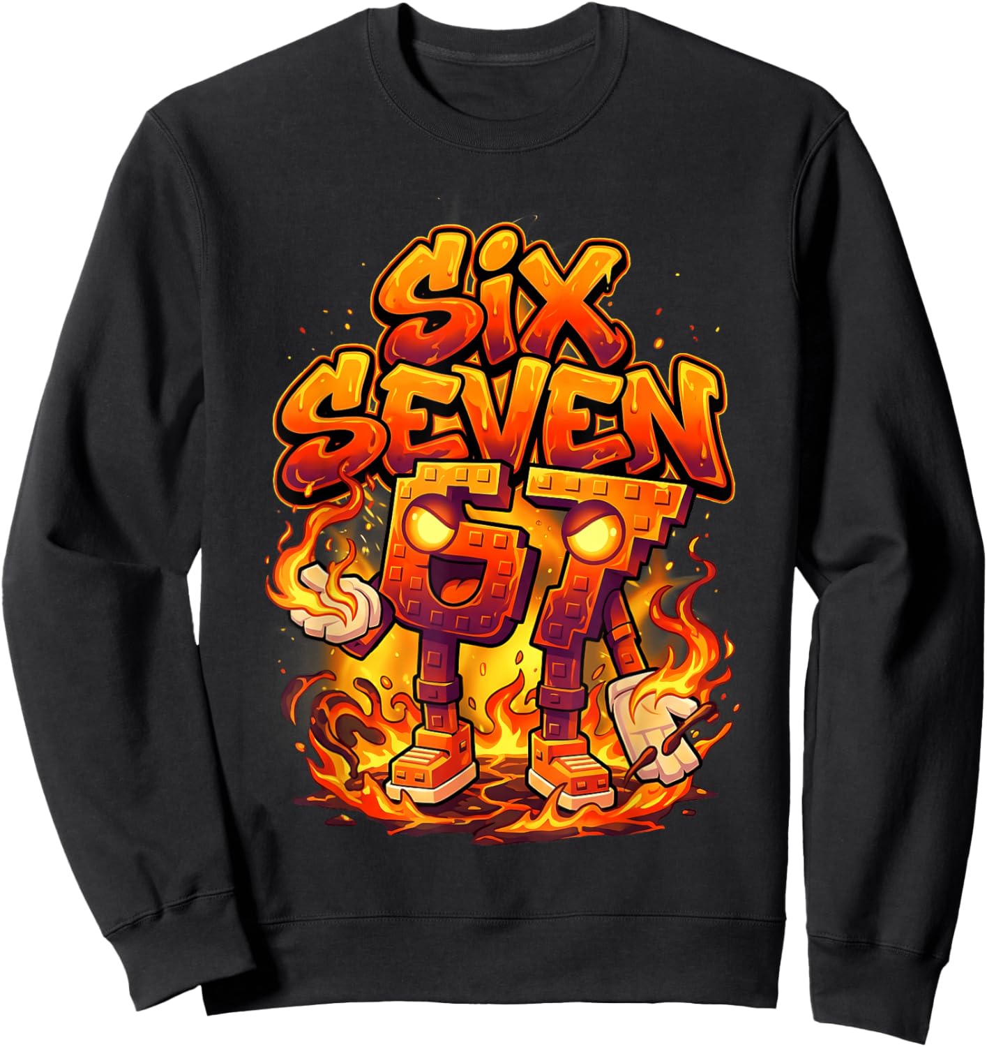 Six Seven 67 Fire Flames 6 7 Brainrot Meme Boy Kid Youth 6-7 Sweatshirt - Sweatshirt | Black