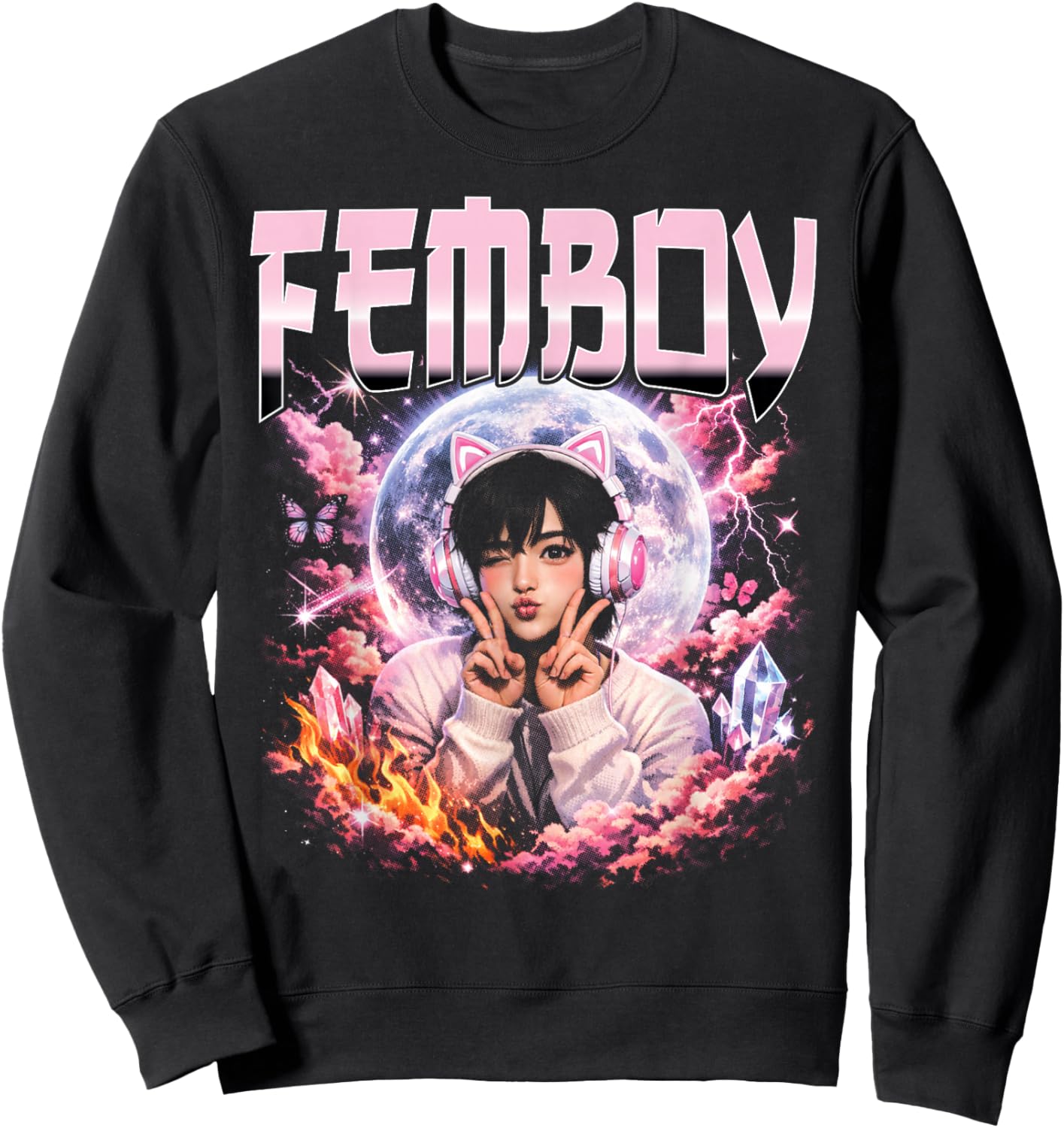 Femboy Anime Aesthetic Moon Cat Ear Headphones Sweatshirt - Sweatshirt | Black