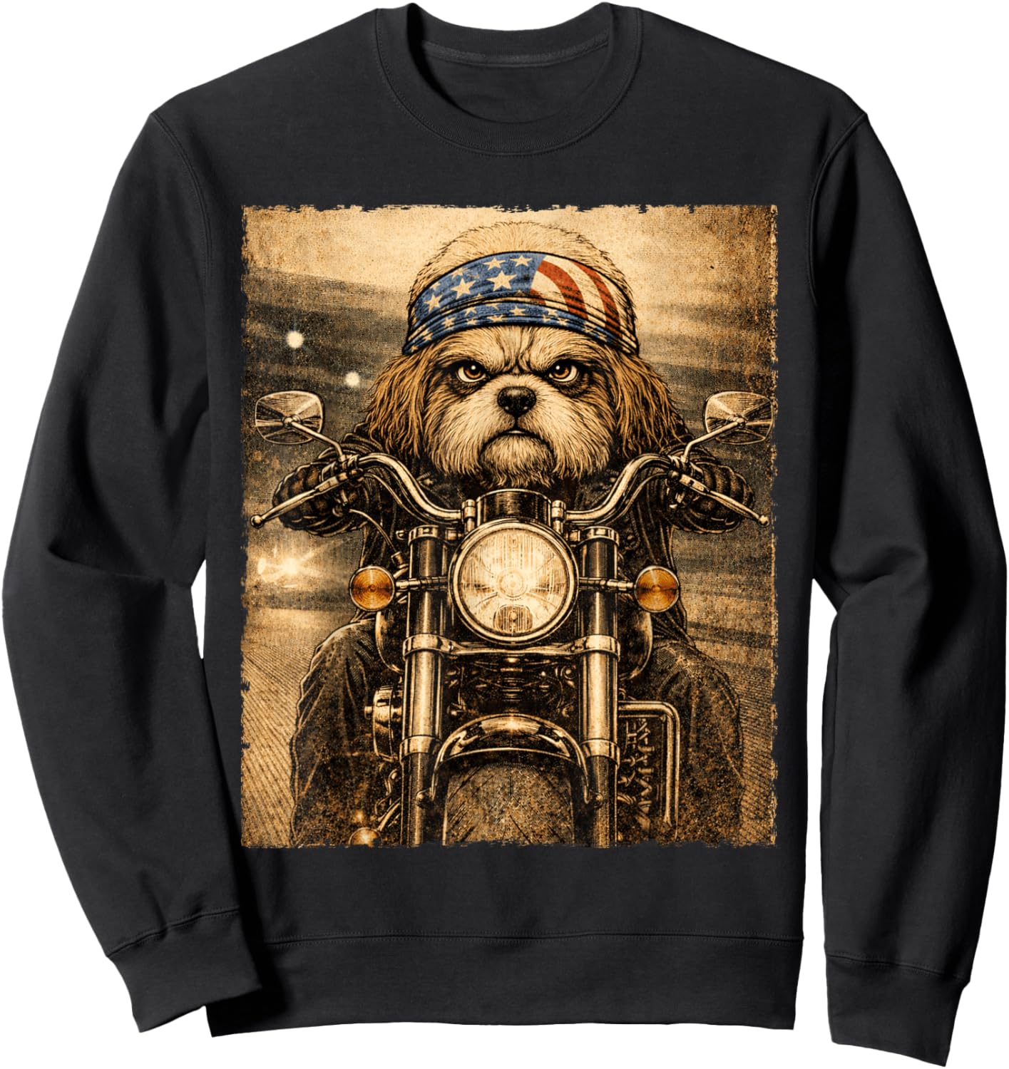 Vintage Shih Tzu Dog Biker Riding Classic Motorcycle Sweatshirt - Sweatshirt | Black