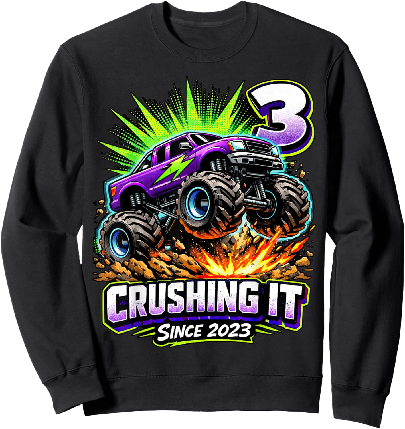 Birthday Monster Truck 3 Year Old Boys 3rd Party Born 2023 Sweatshirt - Sweatshirt | Black