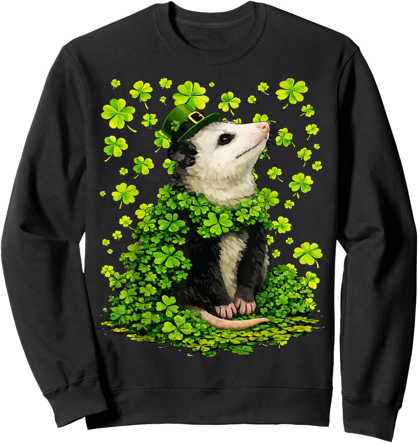 Lucky Opossum with Shamrocks Clovers St Patricks Day Possum Sweatshirt - Sweatshirt | Black