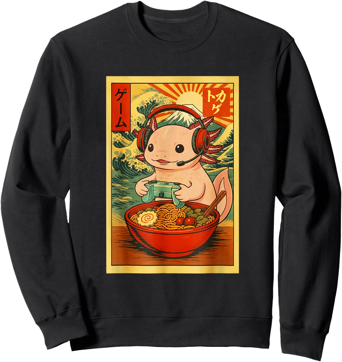 Axolotl Salamander Gaming Ramen Ukiyo-e Great Wave Retro Art Sweatshirt - Sweatshirt | Black