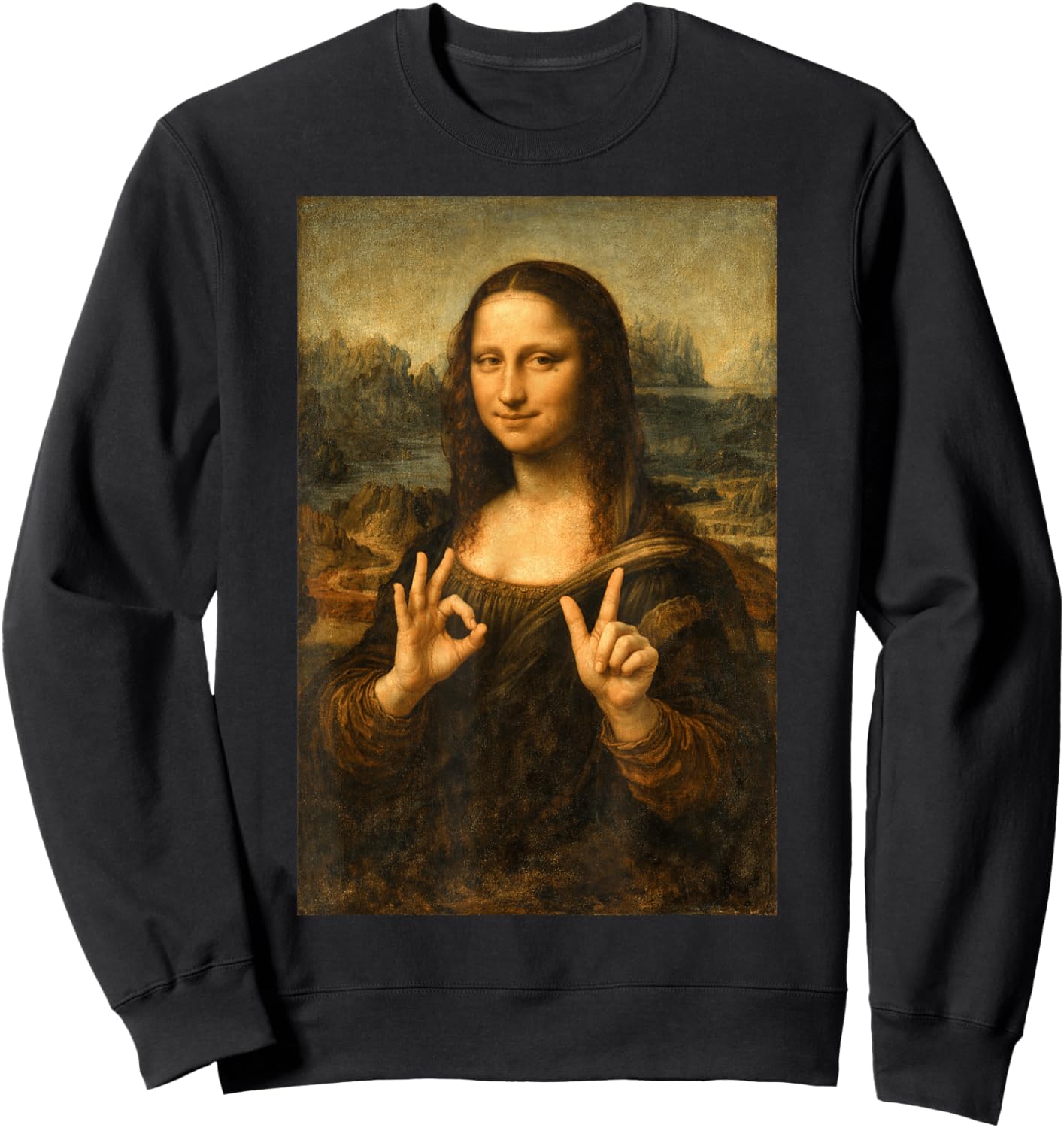 Funny Mona Lisa OK Peace Sign Art Parody Masterpiece Sweatshirt - Sweatshirt | Black
