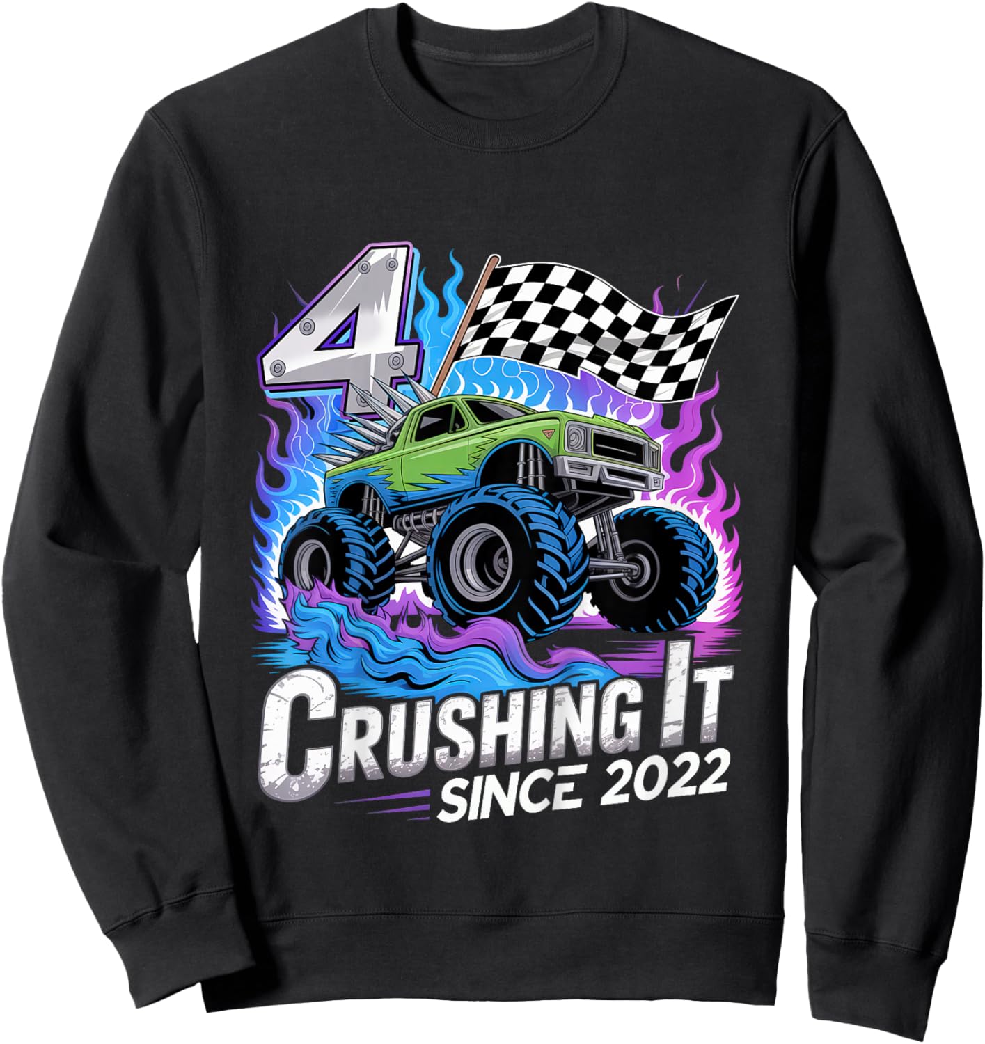 Kids 4 Year Old Monster Truck Birthday Boy 4th Party Born in 2022 Sweatshirt - Sweatshirt | Black