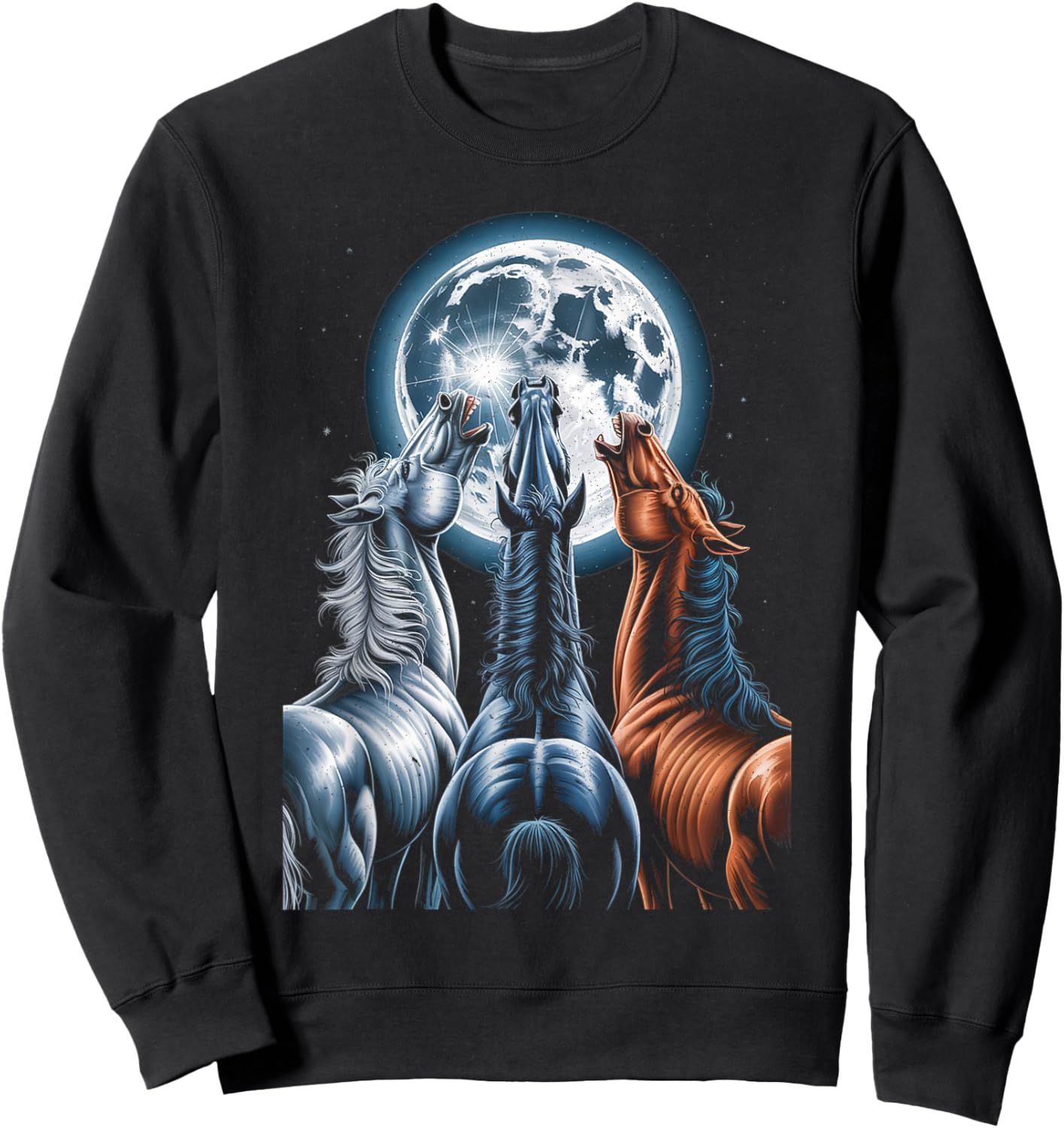 3 Horses Howling at The Moon Funny Horse Lover Equestrian Sweatshirt - Sweatshirt | Black