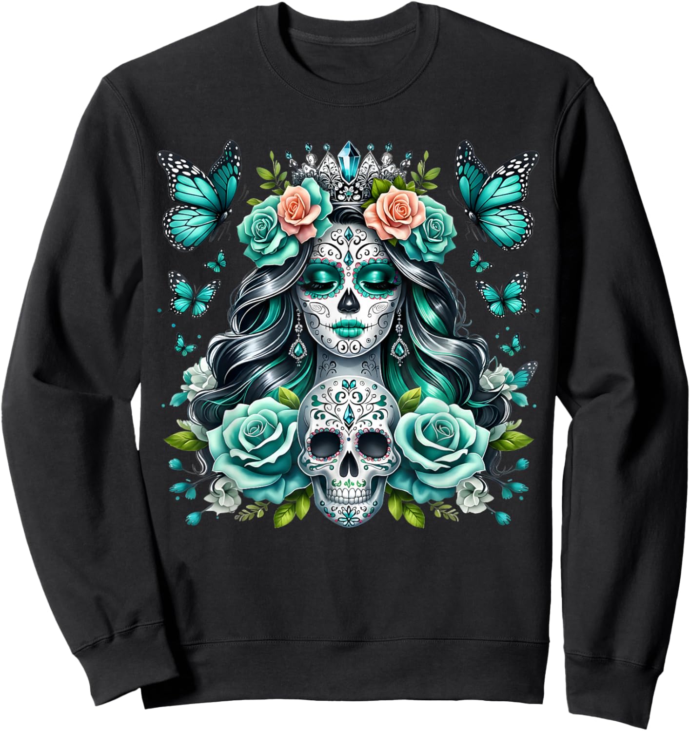 De Los Muertos La Catrina Day of The Dead Floral Sugar Skull Sweatshirt - Sweatshirt | Black