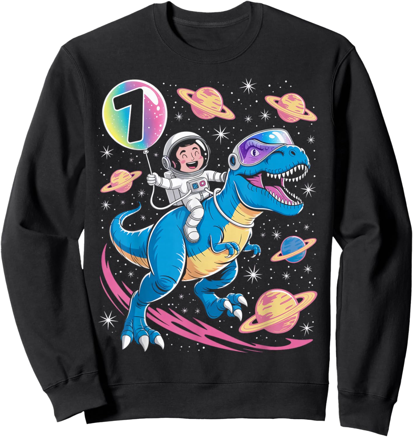 Astronaut Trex Dinosaur 7 Years Old Space Kids 7th Birthday Sweatshirt - Sweatshirt | Black