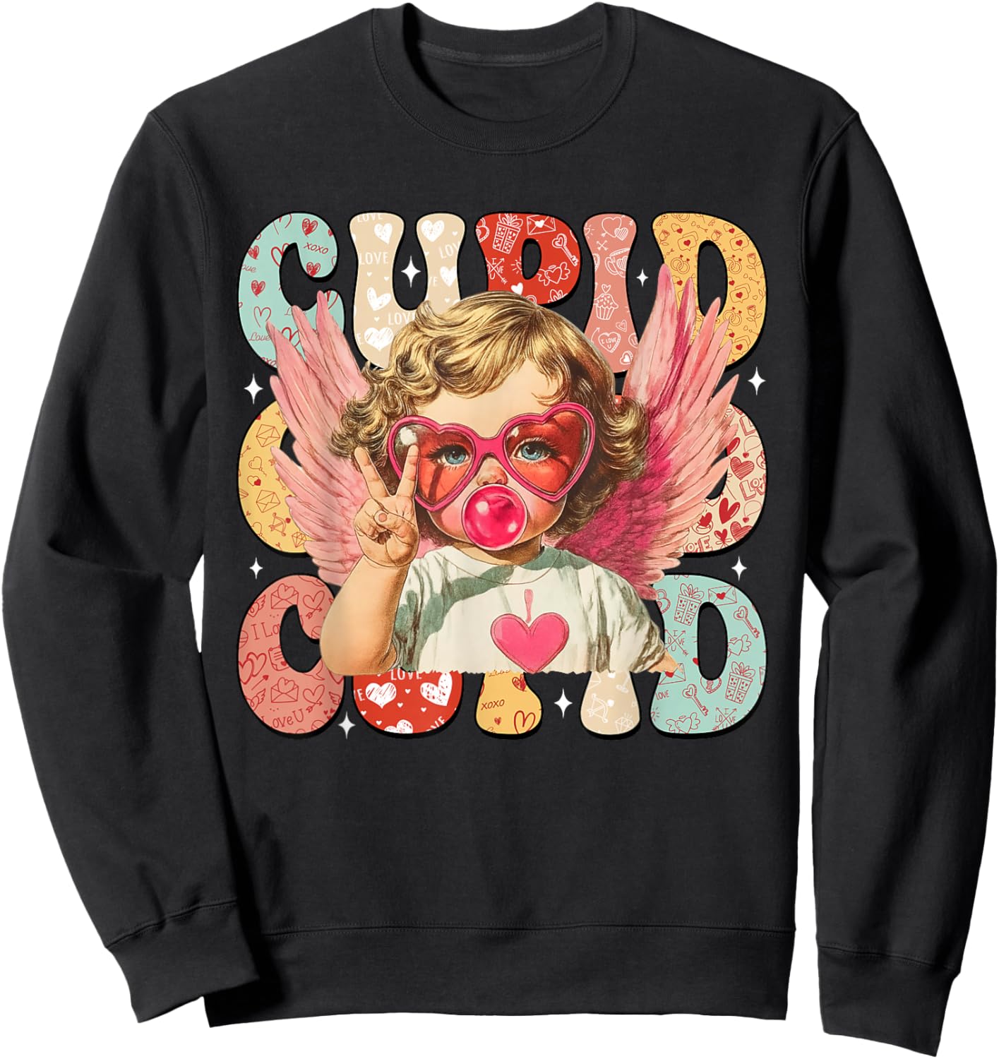 Vintage Cupid Blowing Bubble Gum Heart Sunglasses Valentines Sweatshirt - Sweatshirt | Black