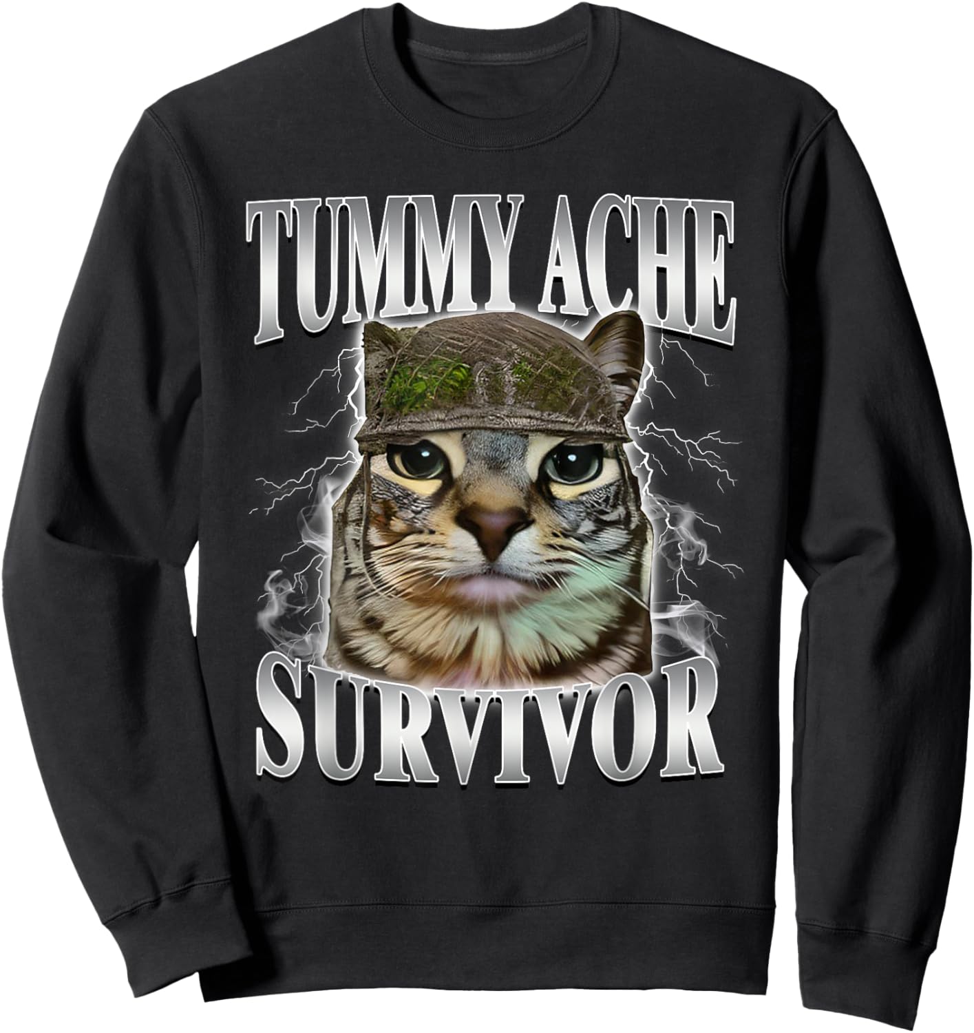 Tummy Ache Survivor Funny Cat Meme Sweatshirt - Sweatshirt | Black