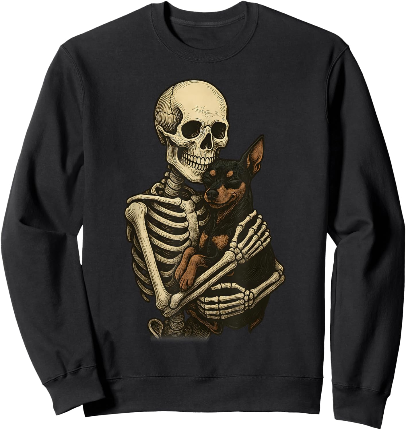 Skeleton Hugging Dog Miniature Pinscher Funny Halloween Sweatshirt - Sweatshirt | Black