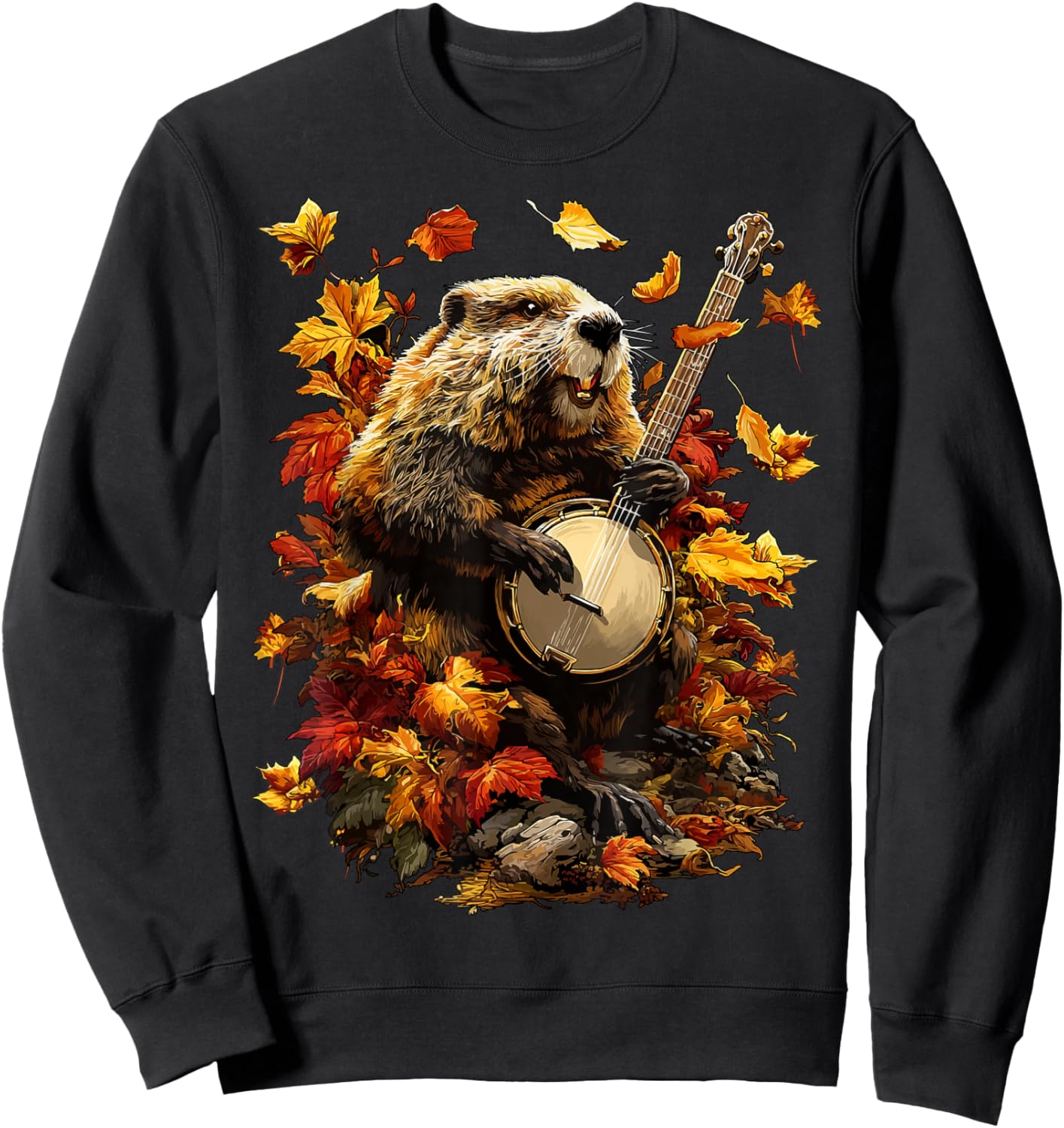 Banjoist Beaver Playing Banjo Picker Fall Leaves Autumn Sweatshirt - Sweatshirt | Black