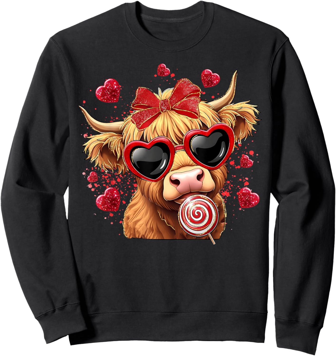 Valentine Highland Cow Lollipop Coquette Bow Valentine Heart Sweatshirt - Sweatshirt | Black