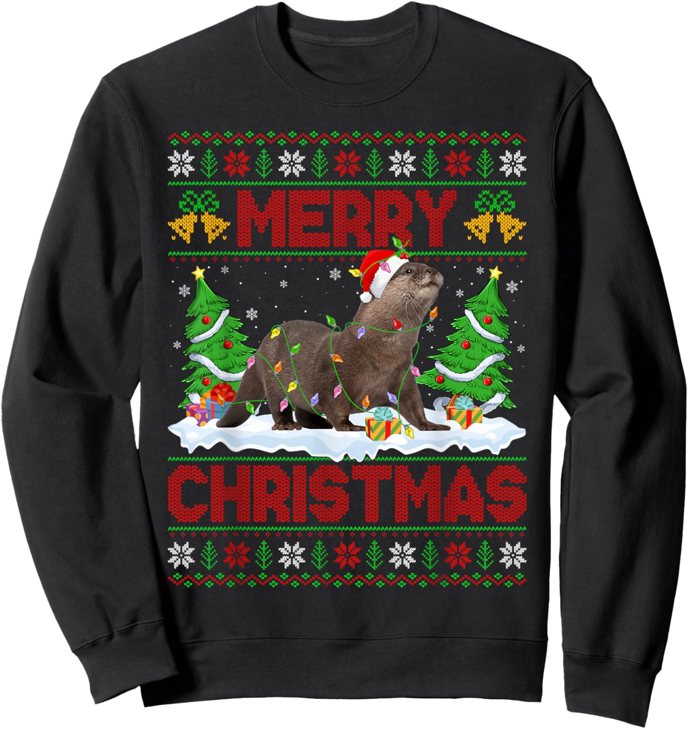 Otter Ugly Xmas Sweater Funny Otter Animal Lights Christmas Sweatshirt - Sweatshirt | Black