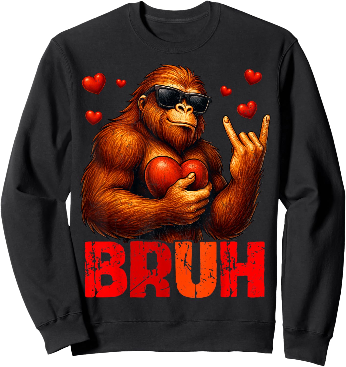 Bruh Funny Bigfoot Sasquatch Rock On Valentine Men Boy Sweatshirt - Sweatshirt | Black