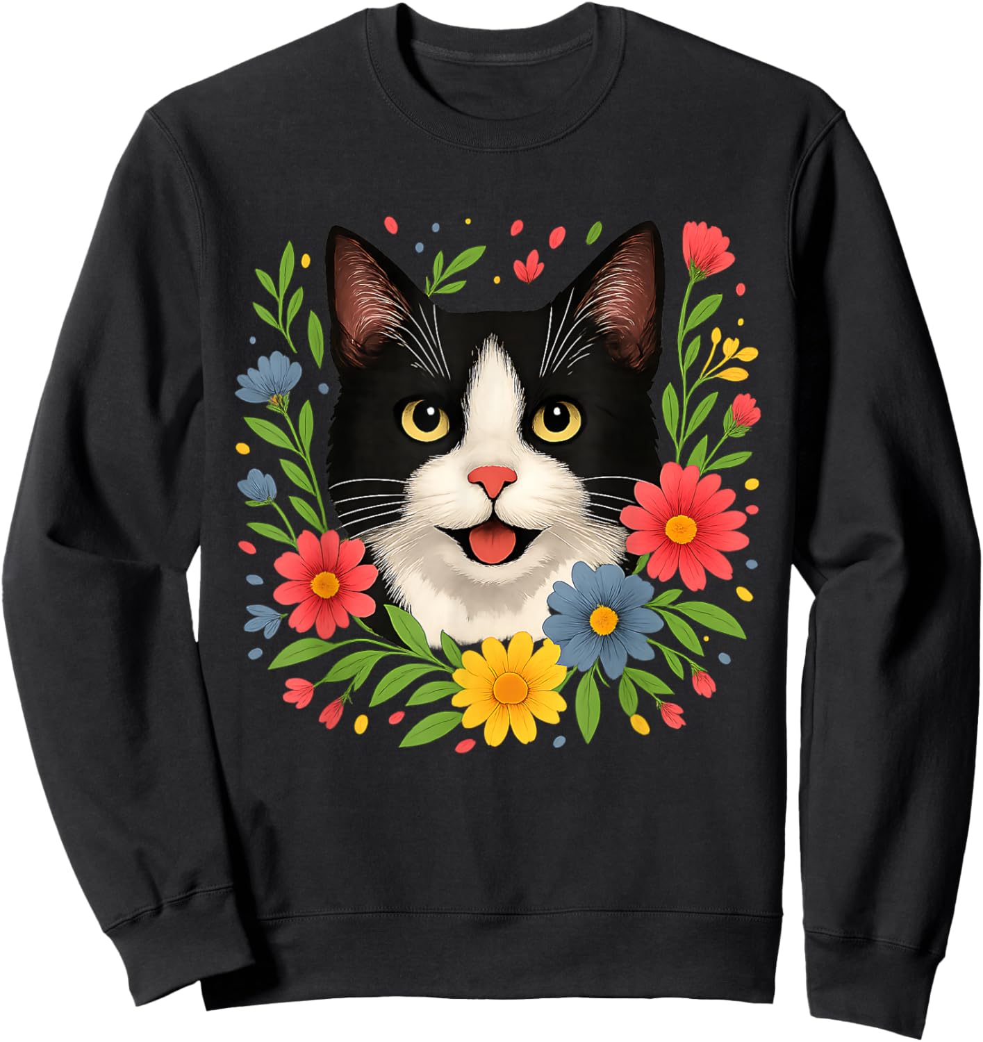 Floral Tuxedo Cat Colorful Spring Flowers Wildflowers Sweatshirt - Sweatshirt | Black
