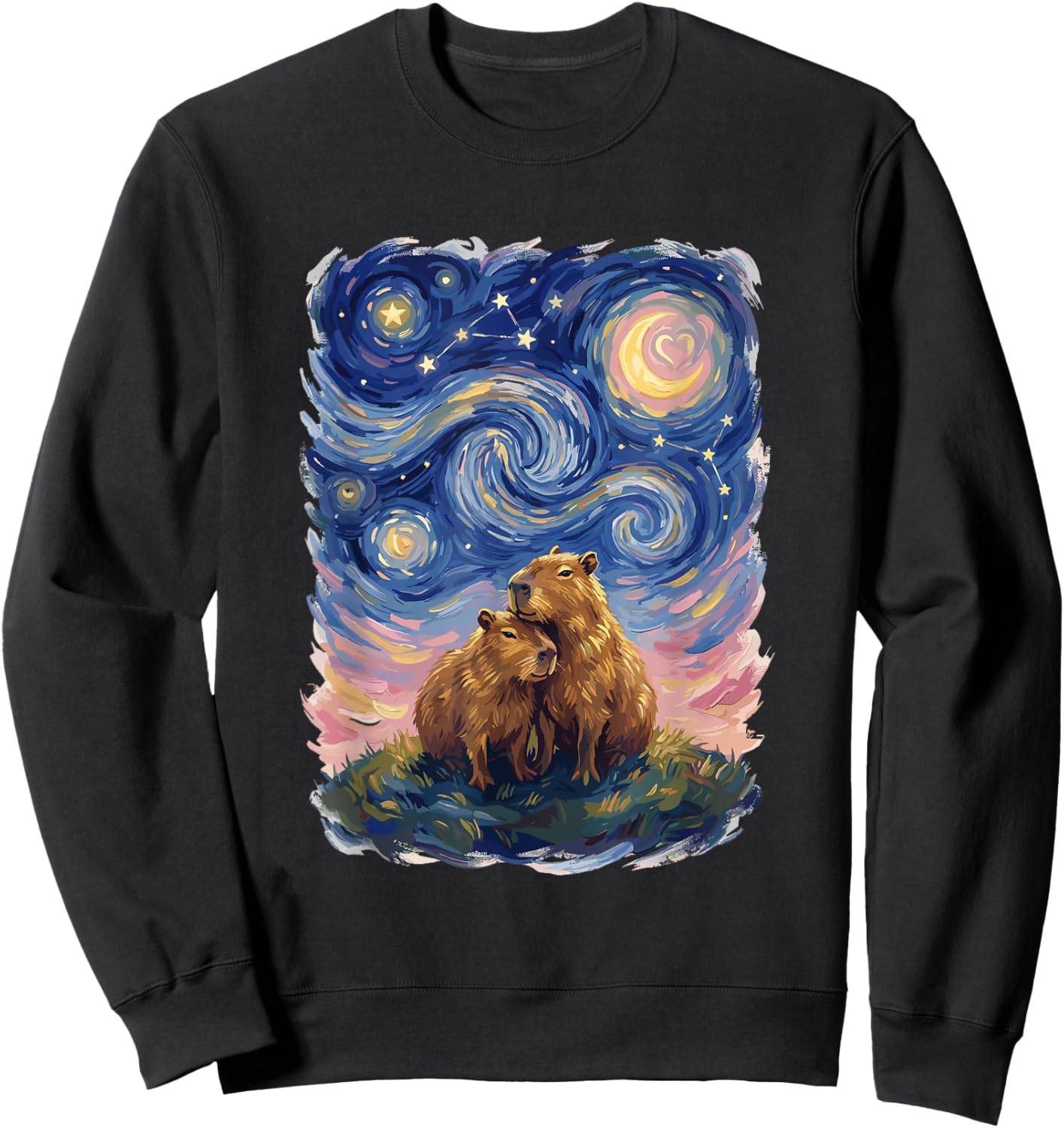 Starry Night Capybara Couple Art Parody Valentine's Day Sweatshirt - Sweatshirt | Black