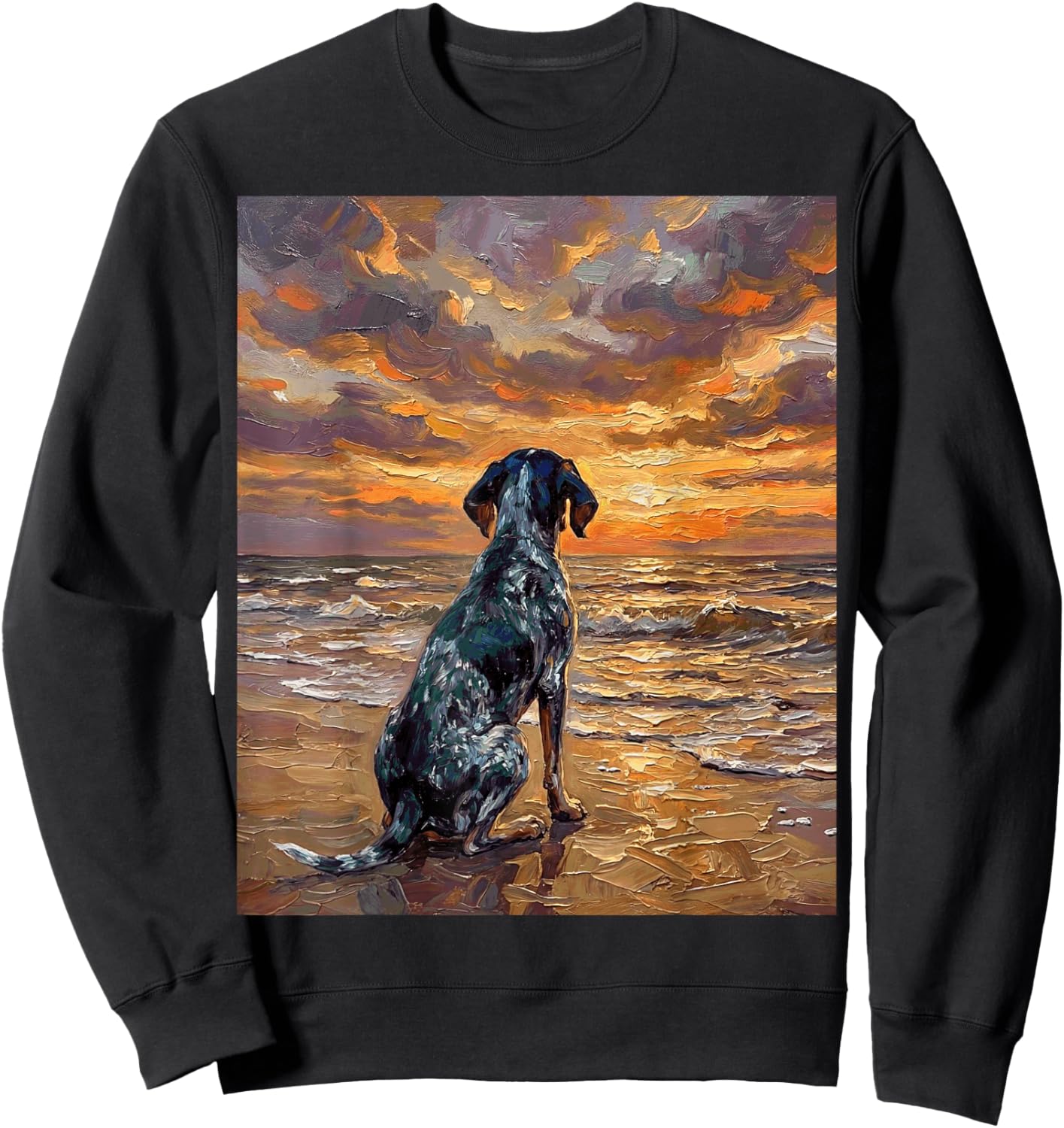 Blue Tick Coonhound on a Sunset Beach Hound Dog Artwork Sweatshirt - Sweatshirt | Black