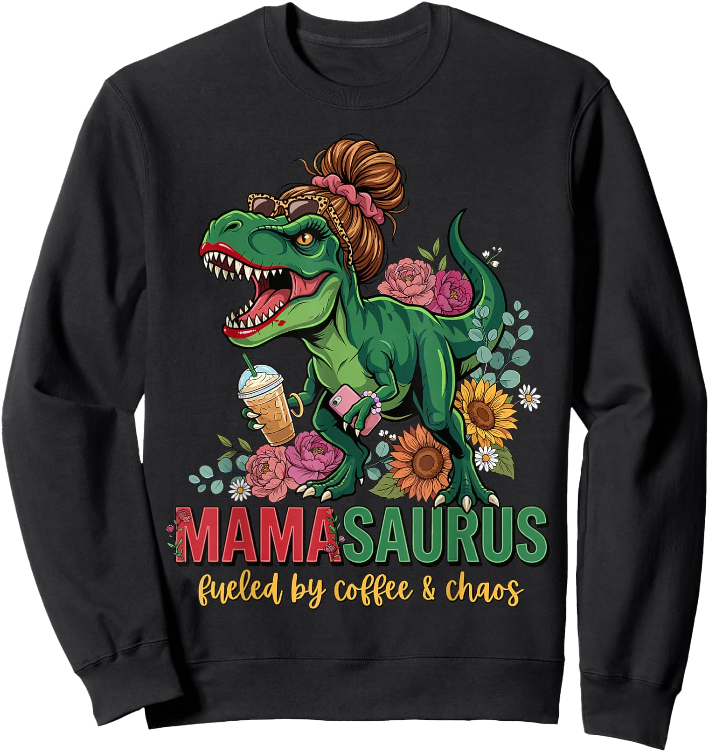 Funny Mom Dinosaur T-Rex Mothers Day Mommy Mamasaurus Sweatshirt - Sweatshirt | Black