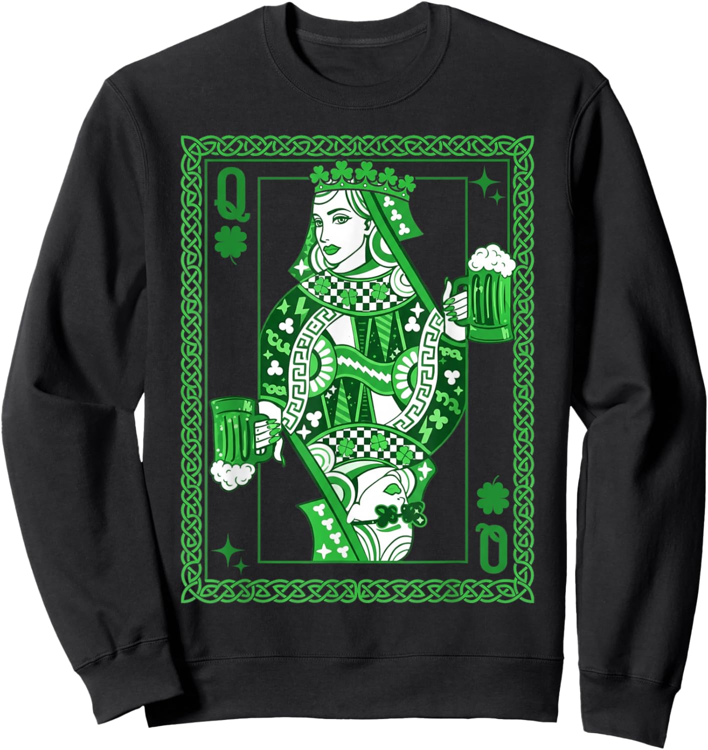 St Patrick’s Day Shamrock Queen Card Irish Beer Playing Card Sweatshirt - Sweatshirt | Black