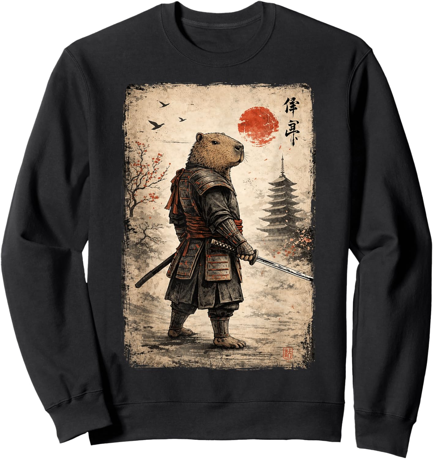 Samurai Capybara Funny Capybara Vintage Graphic Ukiyo-e Art Sweatshirt - Sweatshirt | Black