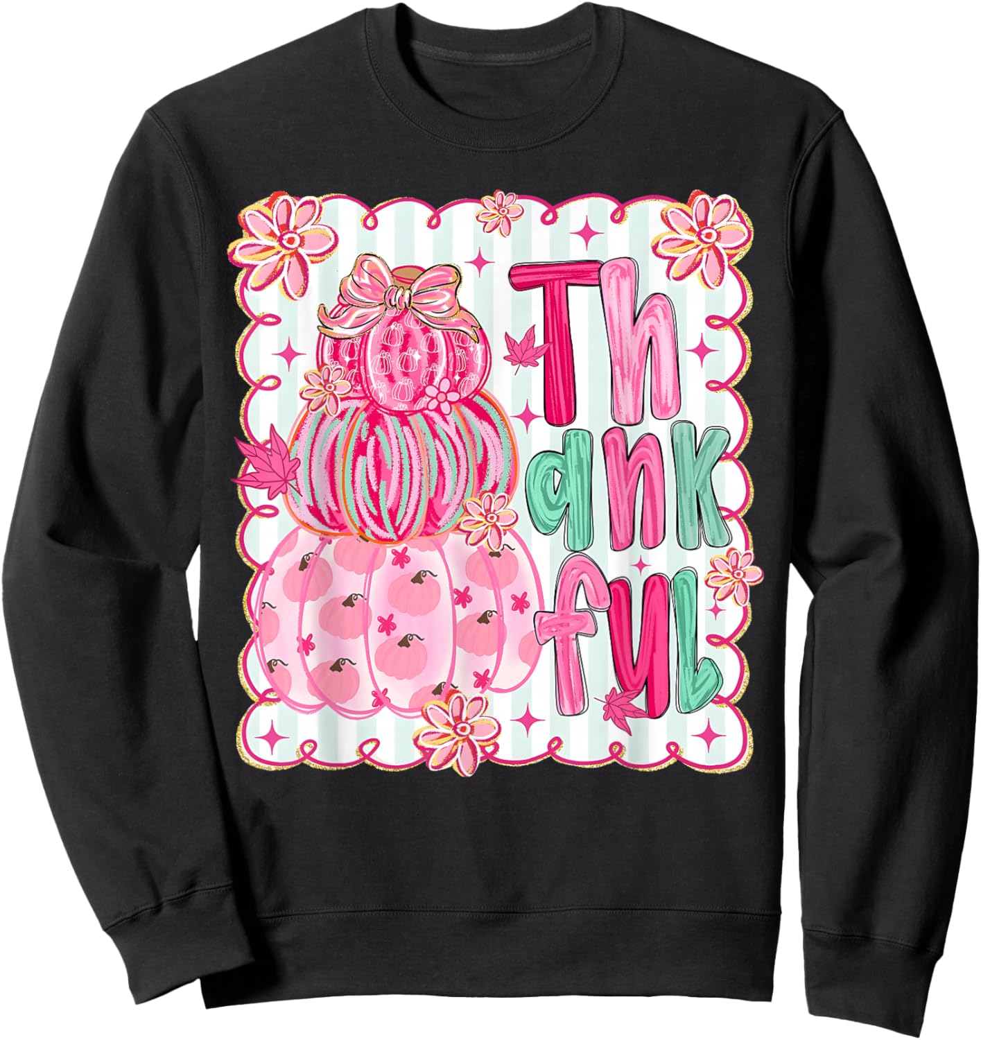 Pink Thankful Pumpkin Girly Preppy Coquette Bow Thanksgiving Sweatshirt - Sweatshirt | Black