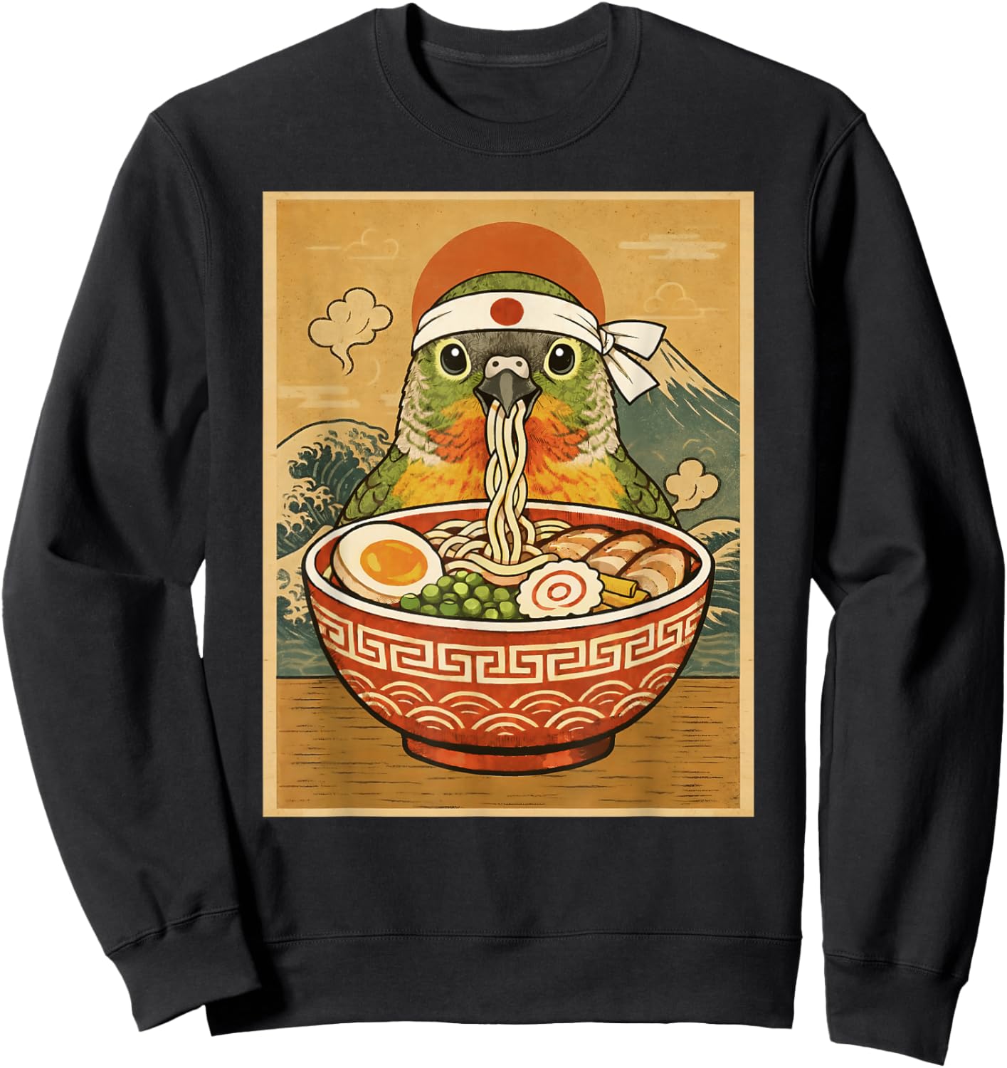 Kawaii Green Cheek Conure Parrot Japanese Ramen Noodles Sweatshirt - Sweatshirt | Black