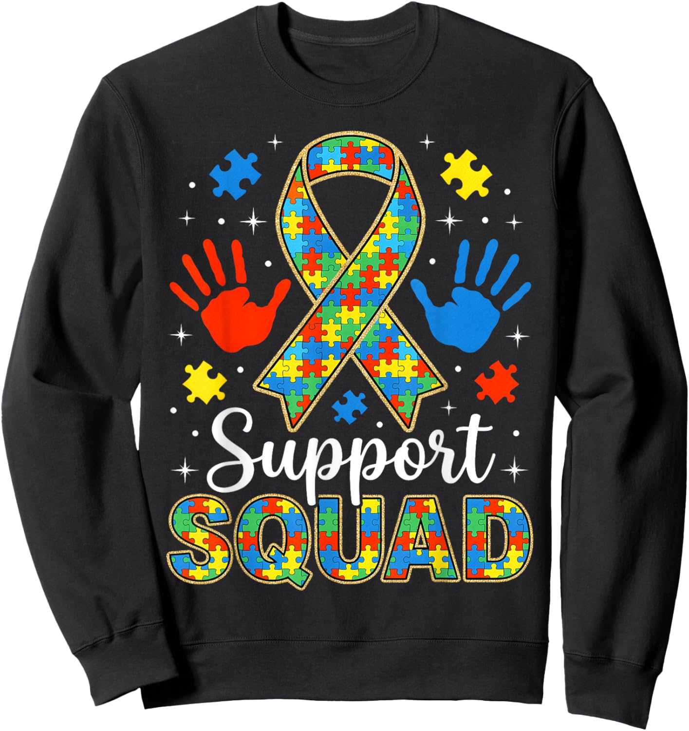 Autism Awareness Puzzle Ribbon Autism Support Squad Family Sweatshirt - Sweatshirt | Black