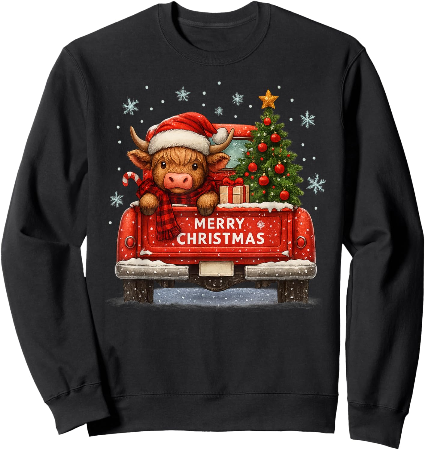 Merry Christmas Highland Cow Red Truck Funny Sweatshirt - Sweatshirt | Black