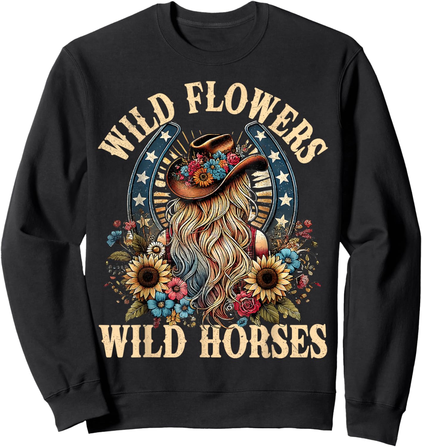 Retro Southern Sunset Cowgirl Wild Flowers - Wild Horses Sweatshirt - Sweatshirt | Black