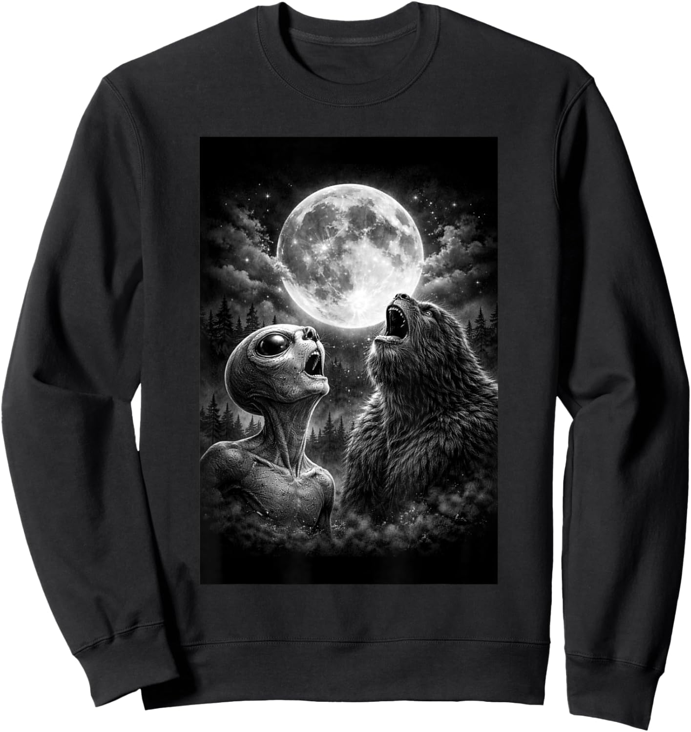 Funny Alien and Bigfoot Howling at Moon Humor Man Woman Sweatshirt - Sweatshirt | Black