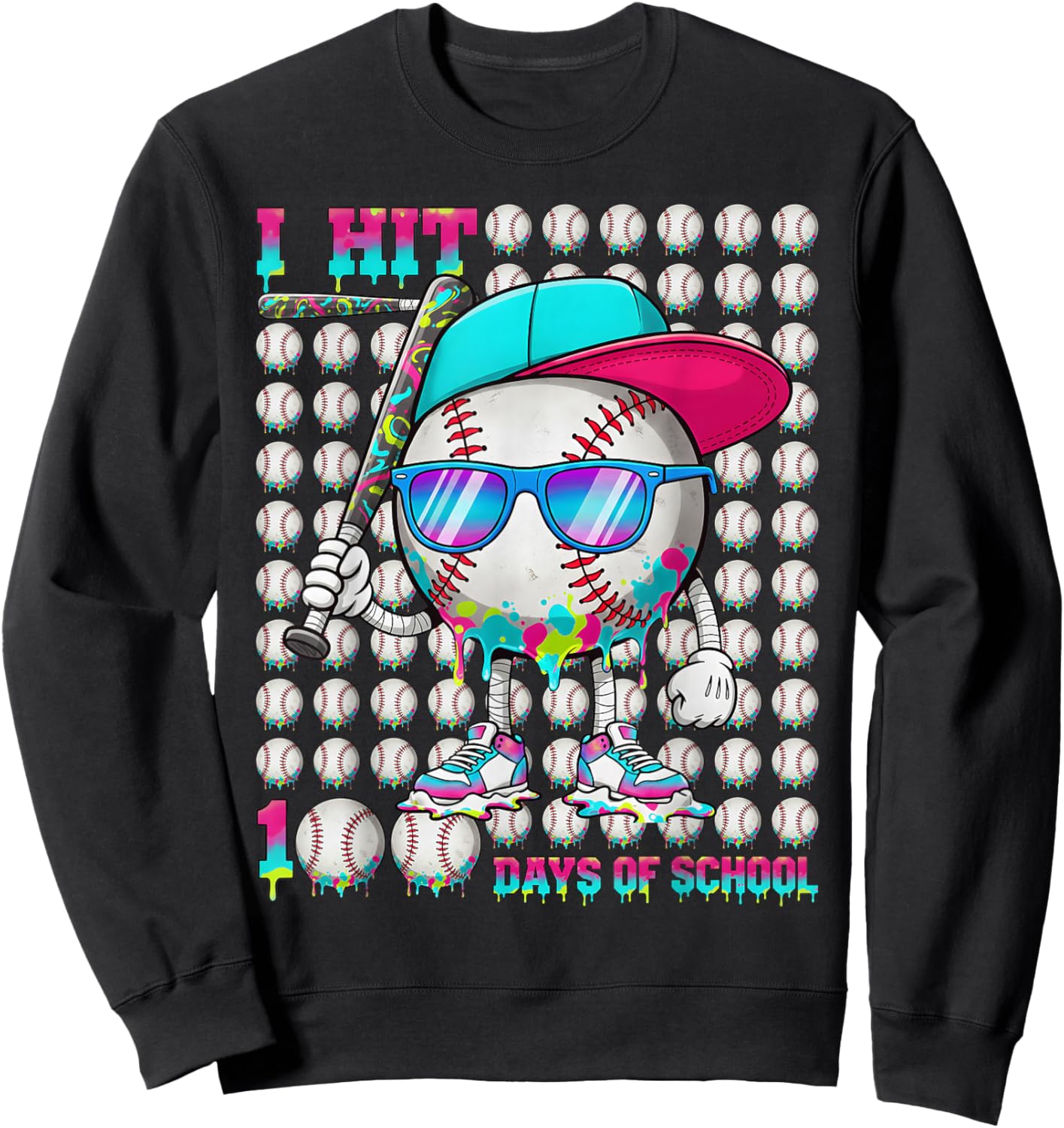 100 Days of School Baseball Drip Ice Cream Boys Kids Sweatshirt - Sweatshirt | Black