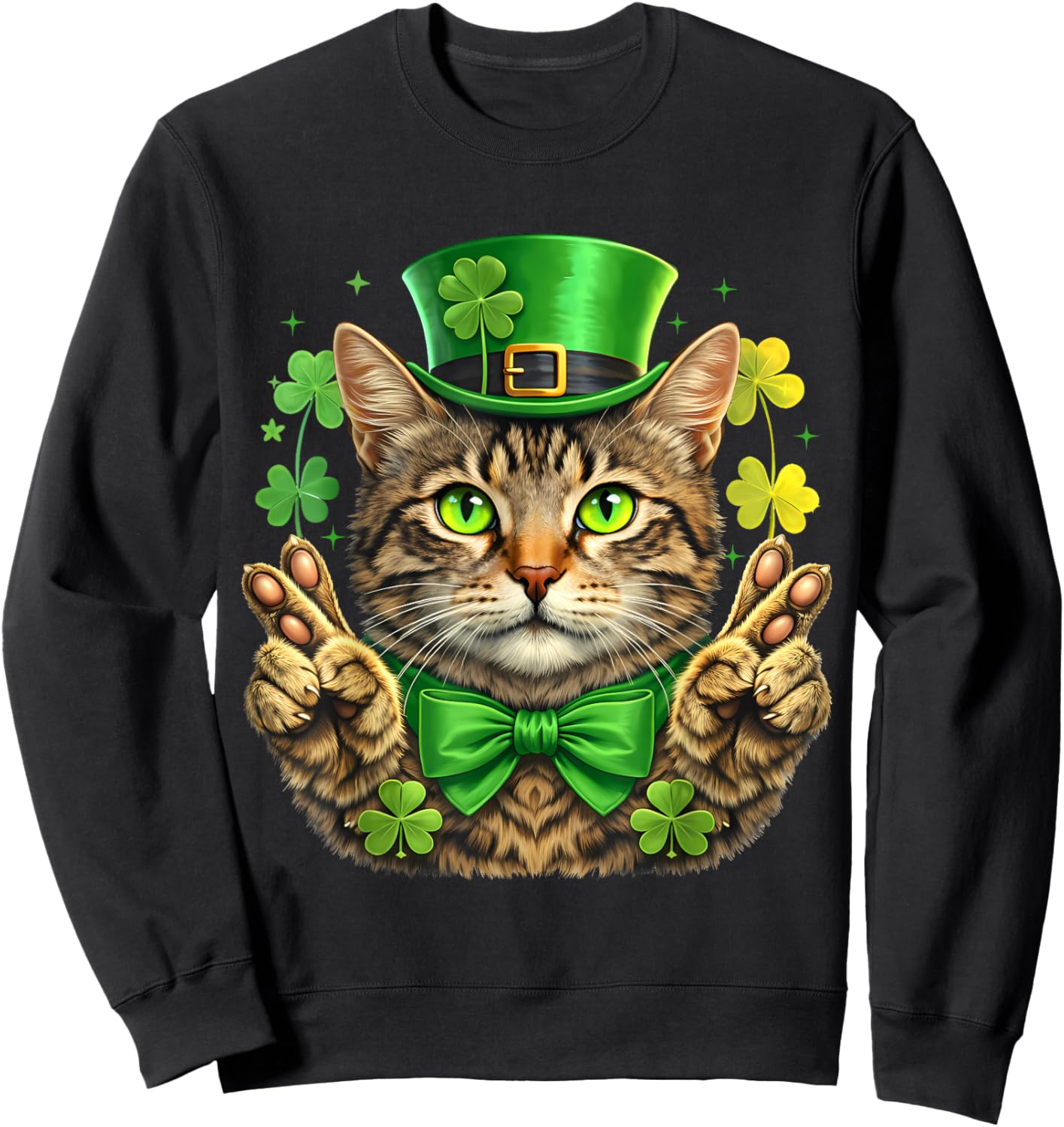 St Patricks Day Cat Leprechaun Hat Lucky Hand Shamrock Kids Sweatshirt - Sweatshirt | Black