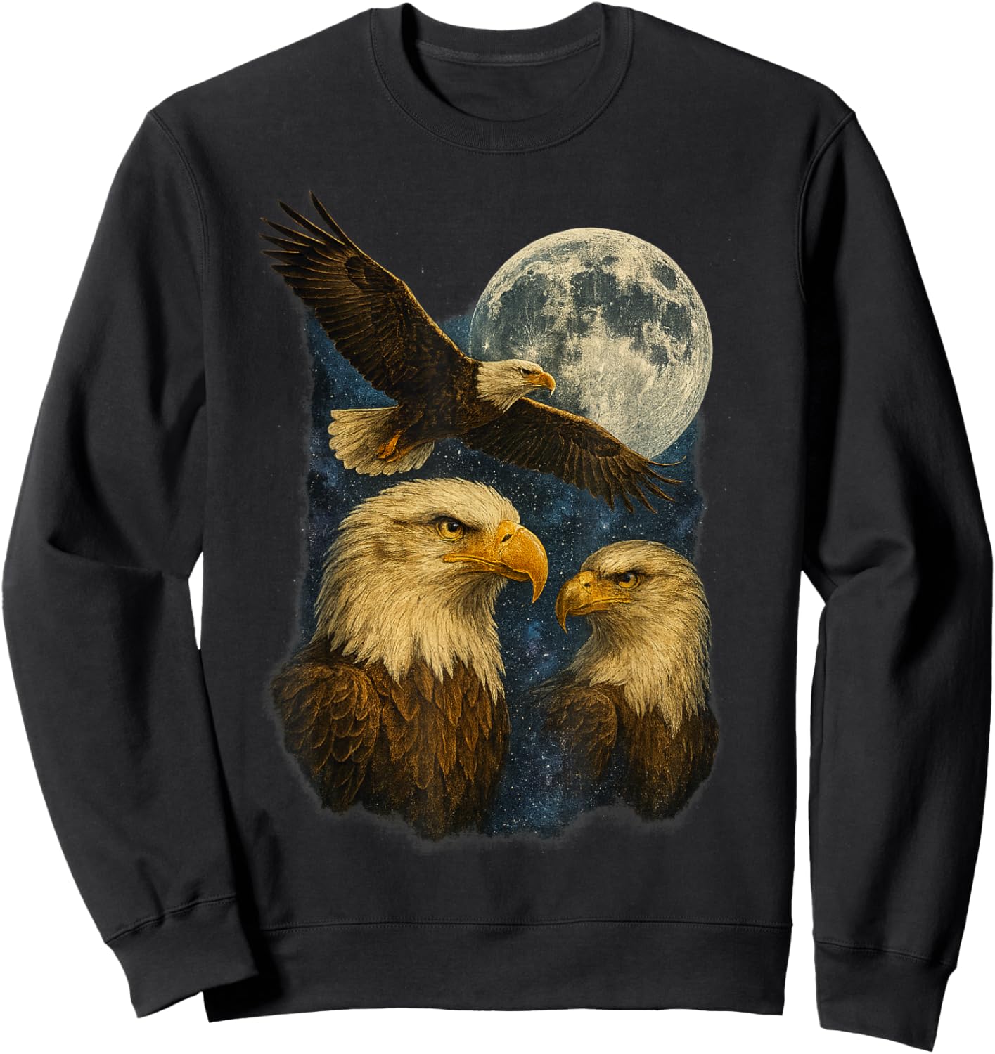 Three Bald Eagle Moon American Bird Lover Wildlife Sweatshirt - Sweatshirt | Black