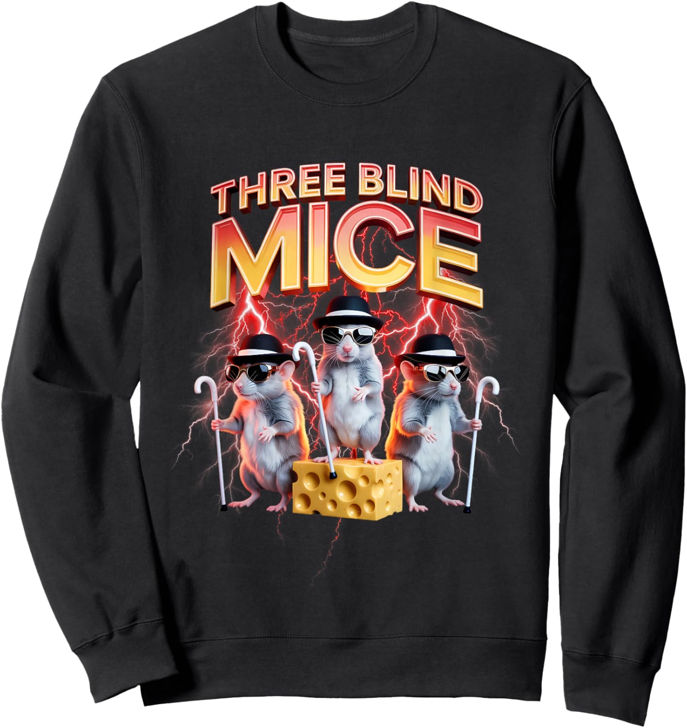 Three Blind Mice Sunglasses Cheese Humor Hats Canes Cartoon Sweatshirt - Sweatshirt | Black