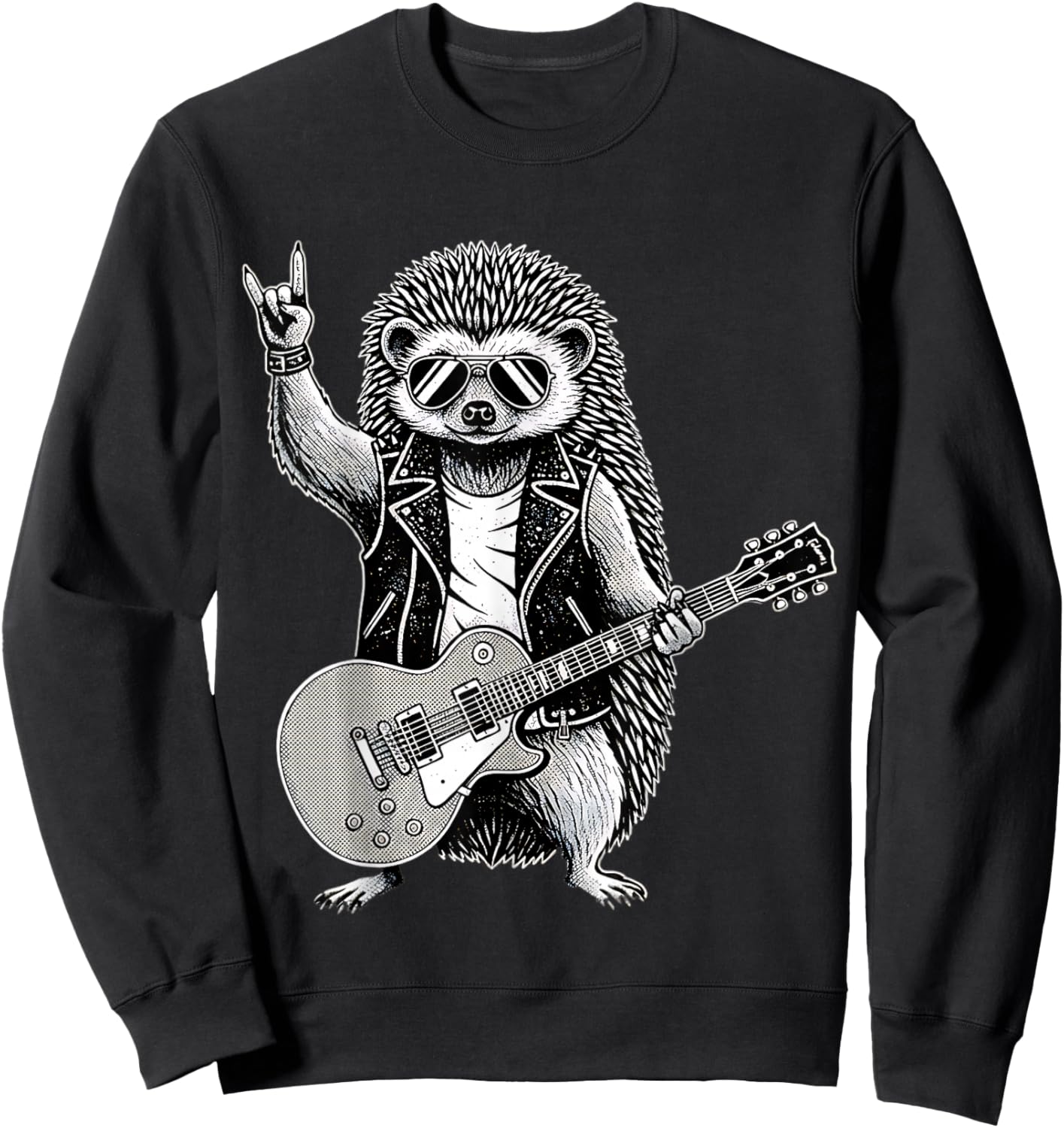 Funny Rock Music Band Hedgehog Playing Guitar Retro Graphic Sweatshirt - Sweatshirt | Black