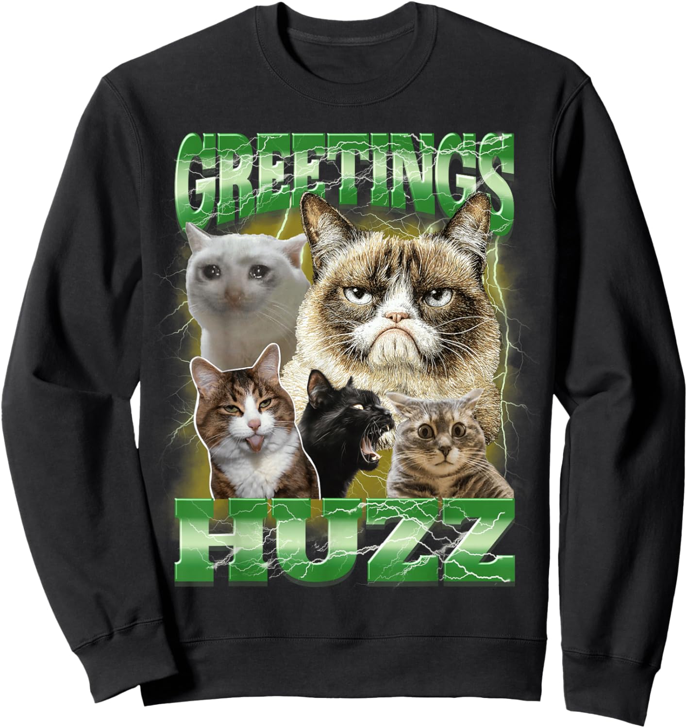 Greetings Huzz Bootleg Cringe CAT Meme Weird Stupid Cats Sweatshirt - Sweatshirt | Black