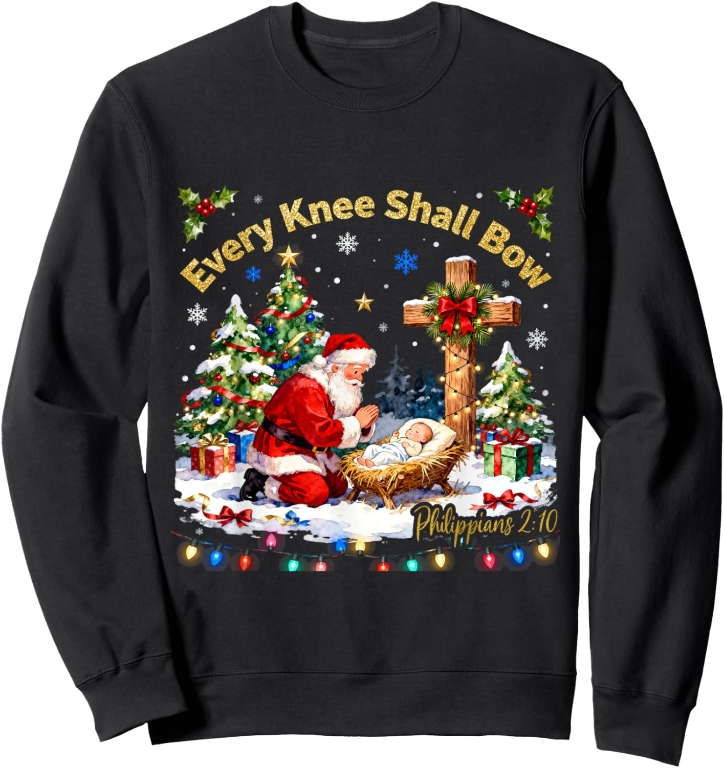 Xmas Every Knee Shall Bow Santa Christmas Nativity Scene Sweatshirt - Sweatshirt | Black