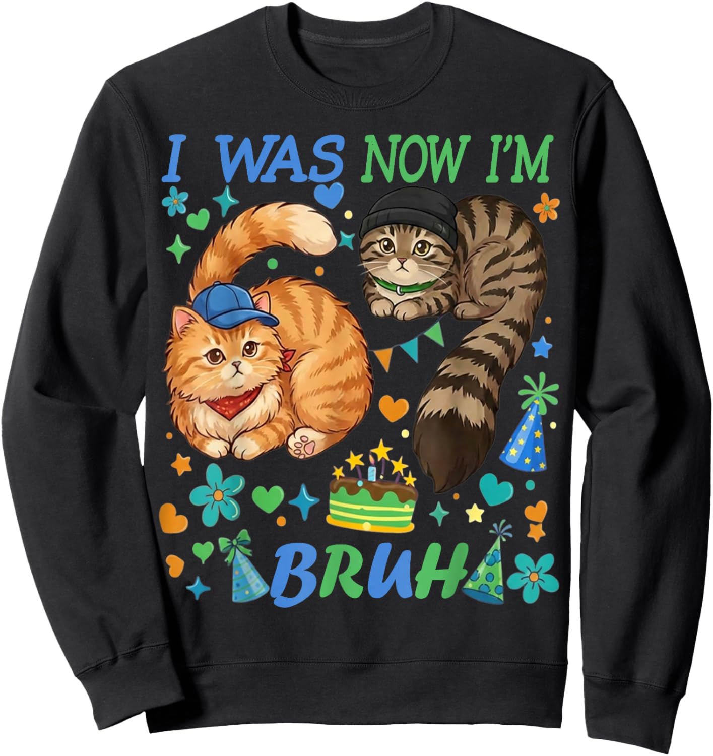 I was 6 Now I'm 7 Bruh Funny 67 Birthday Boys Cats Sweatshirt - Sweatshirt | Black