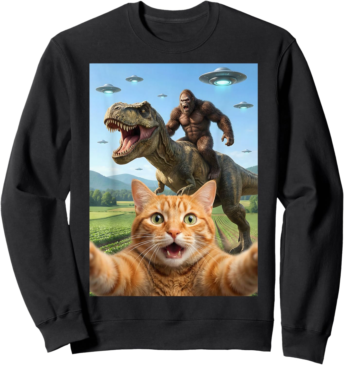 Funny Graphic Cat Selfie with Bigfoot Riding T-rex Dinosaur Sweatshirt - Sweatshirt | Black