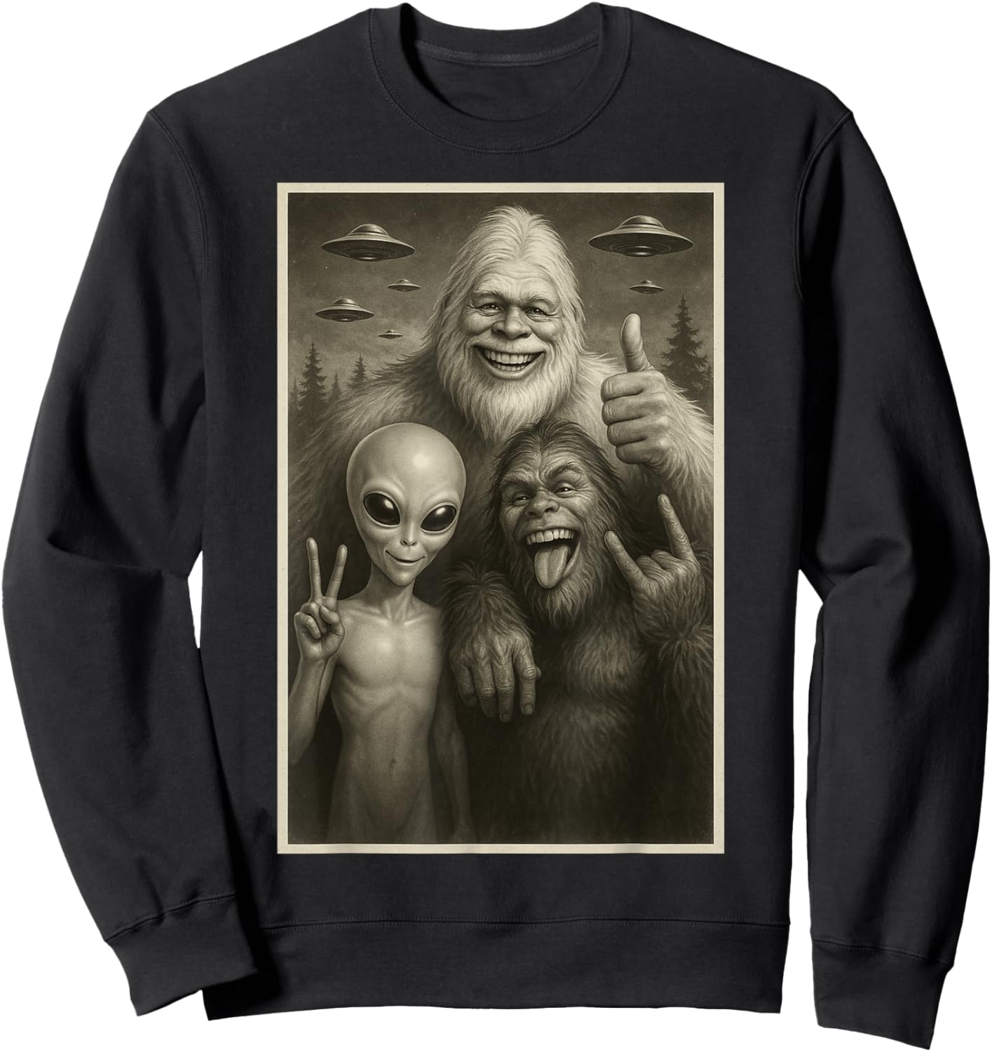 Funny Bigfoot, Alien, & Yeti Sasquatch Rock On UFO Handsign Sweatshirt - Sweatshirt | Black