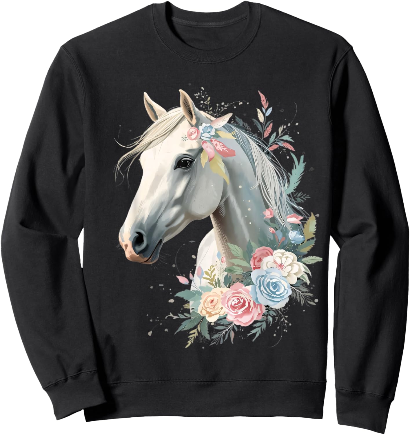 White Horse Portrait with Elegant Floral Elements Sweatshirt - Sweatshirt | Black