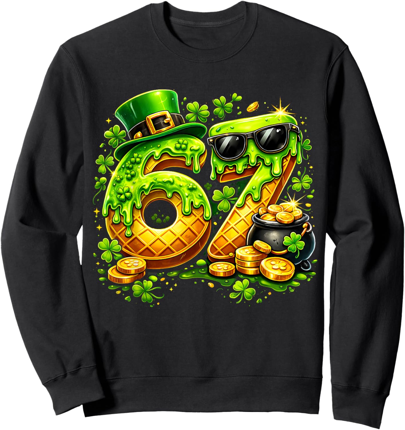 Six Seven Meme 67 St Patricks Day Shamrock Men Women Kids Sweatshirt - Sweatshirt | Black